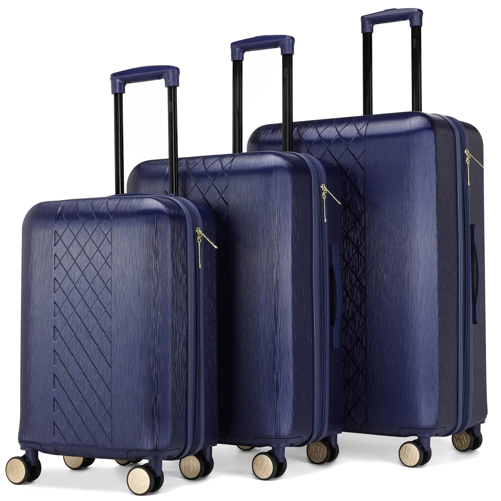 Set of three navy blue suitcases with wheels on a white background