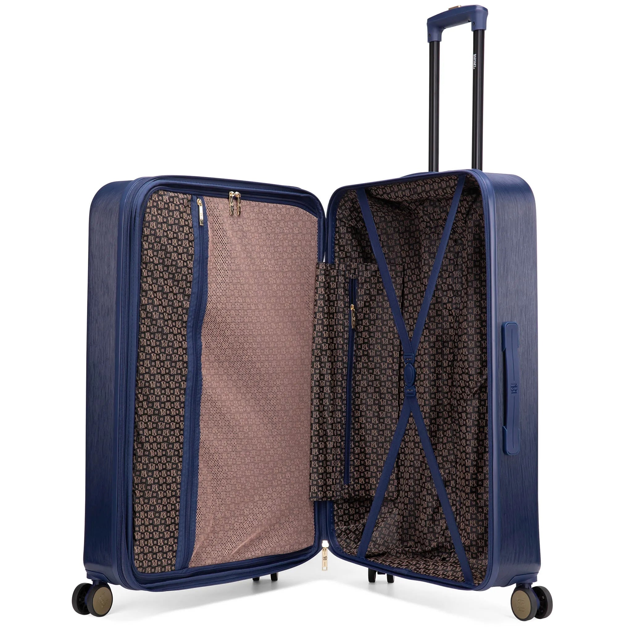 Open blue suitcase with patterned interior on a white background