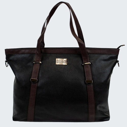 Black tote bag with brown straps on a white background