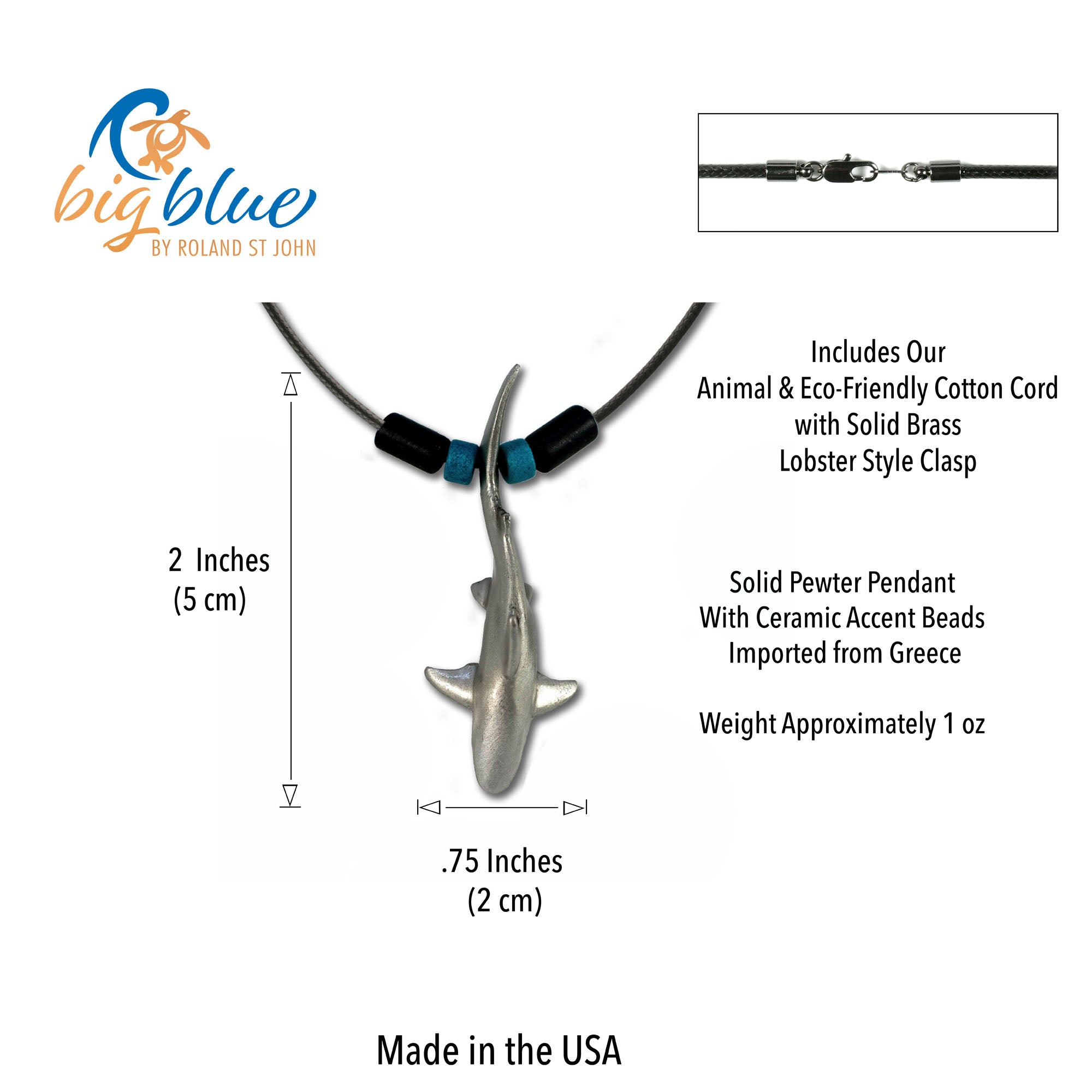 Shark pendant necklace with measurements and product details on a white background