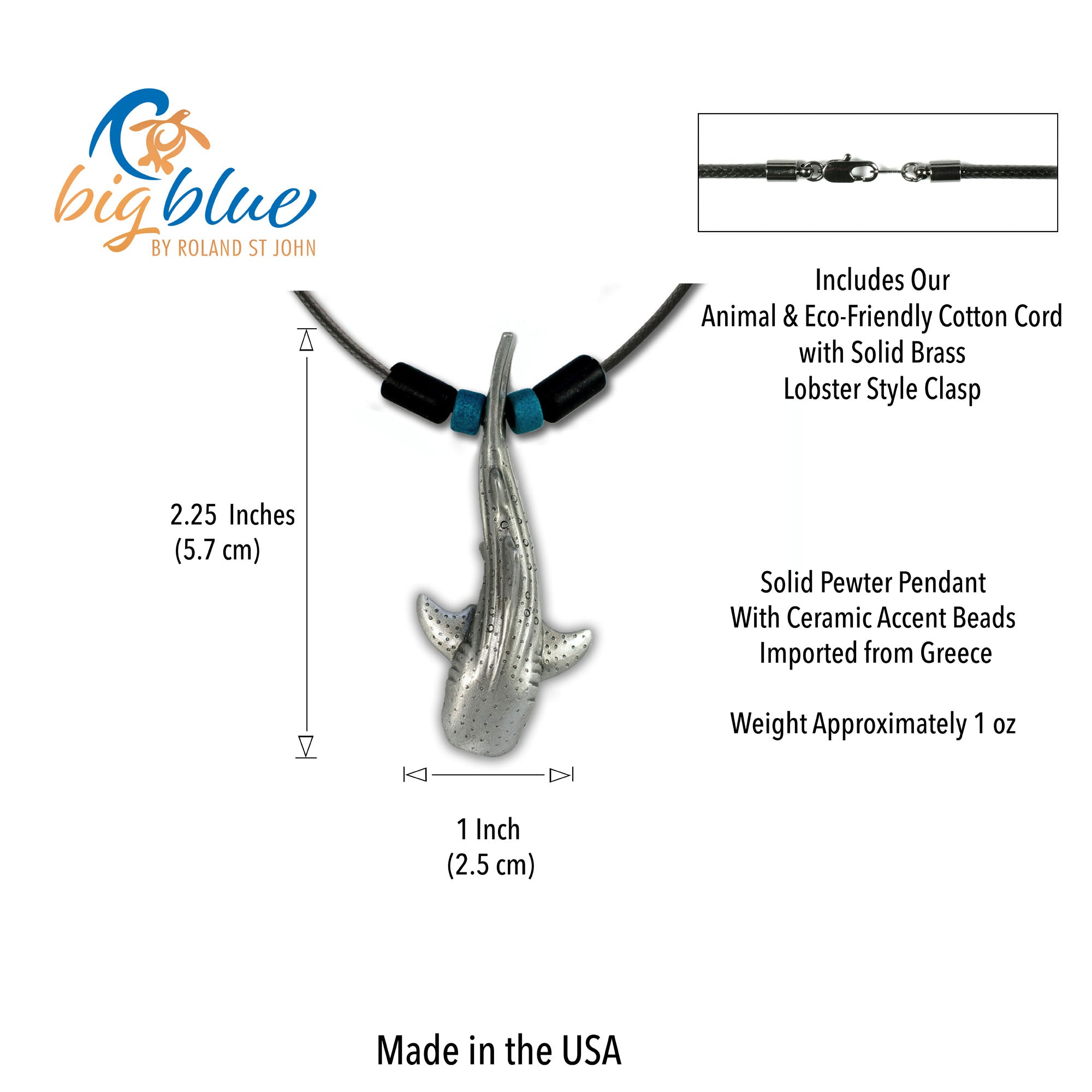 Shark pendant necklace with measurement details on a white background