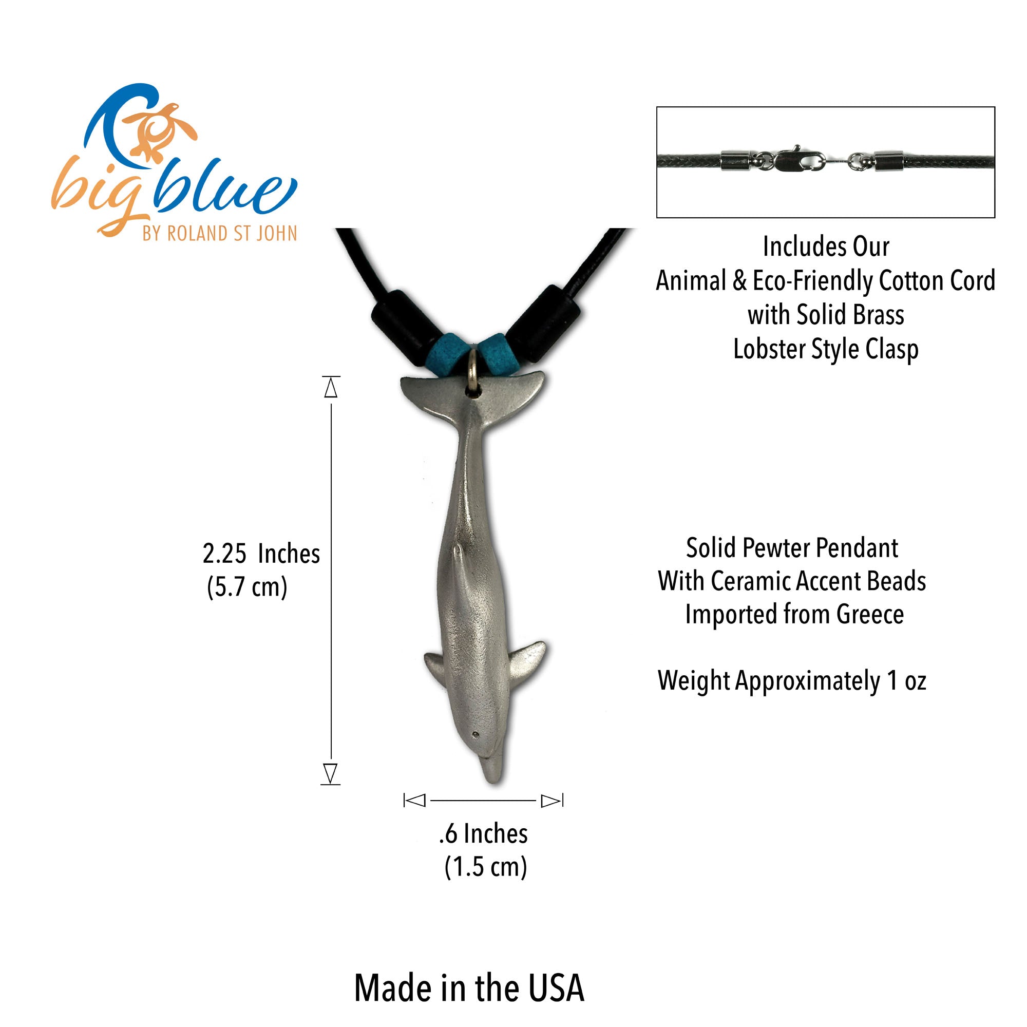 Dolphin pendant necklace with product details on a white background