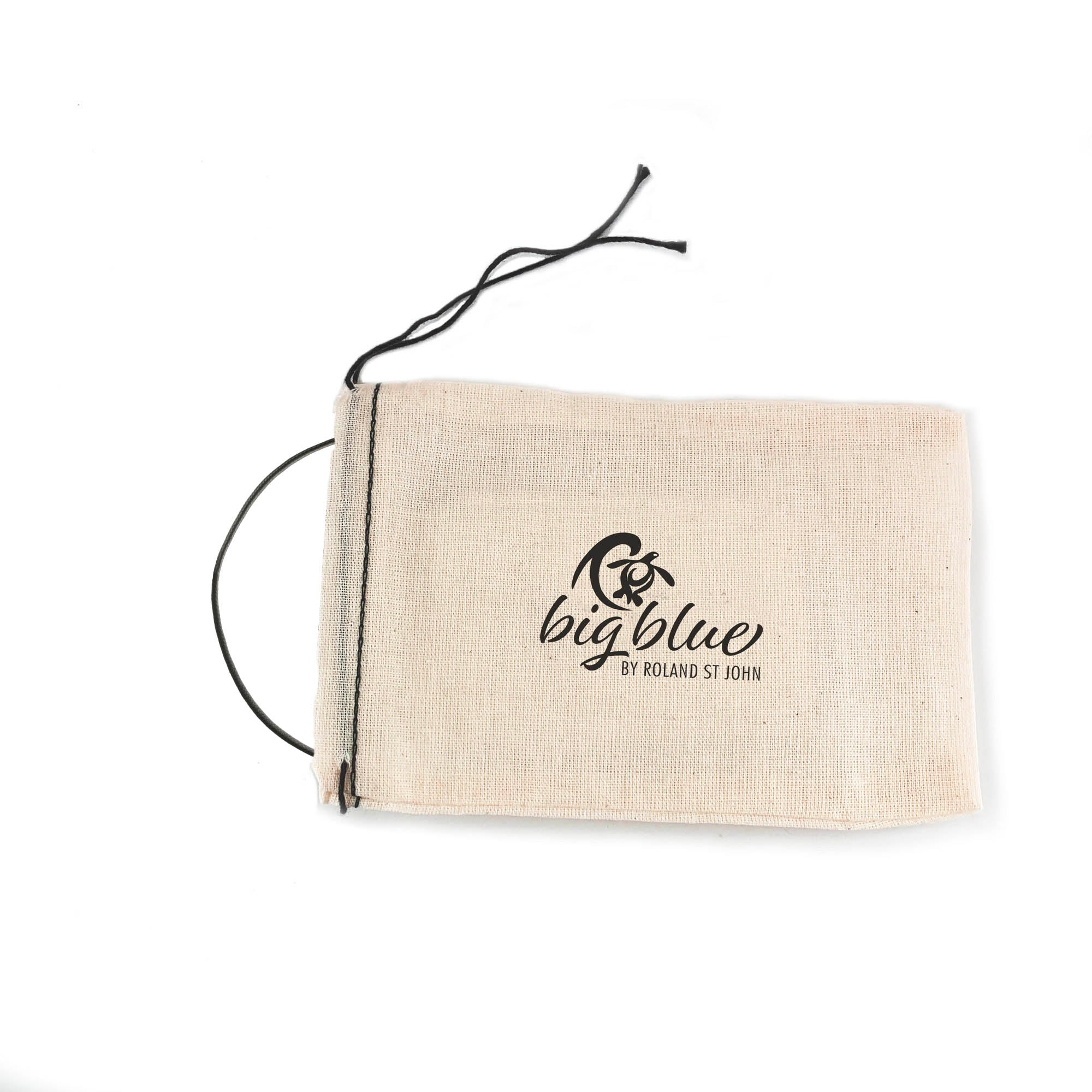 Beige drawstring pouch with 'bigblue' logo on a white background