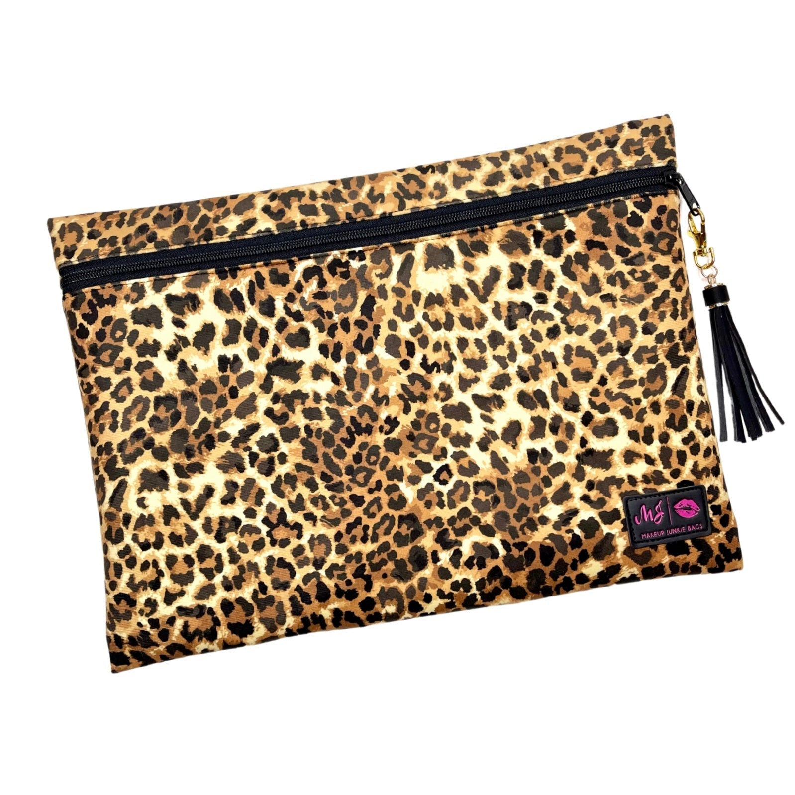 Leopard print pouch with a tassel on a white background
