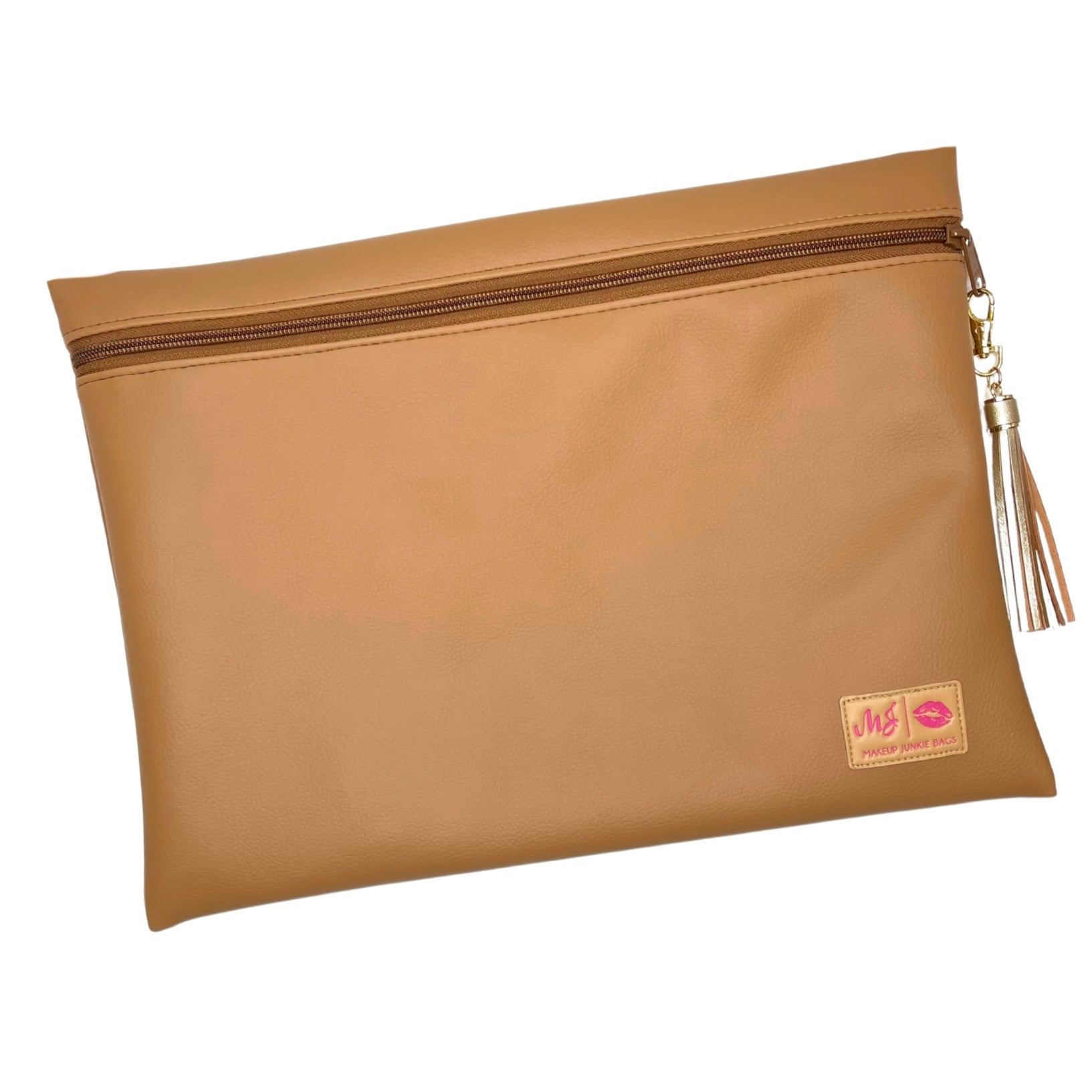Brown pouch with a zipper and tassel on a white background
