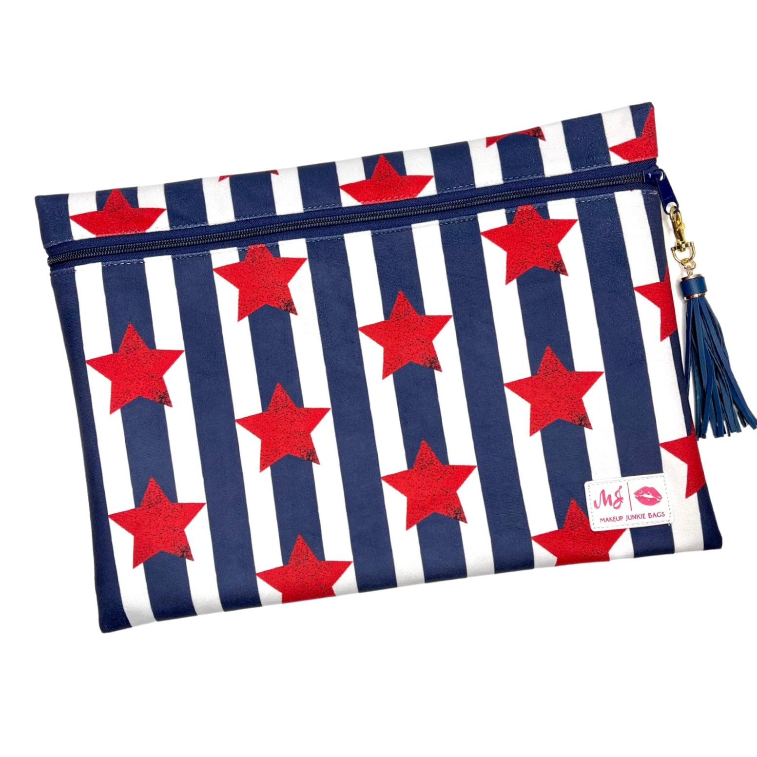 Pouch with red star and blue stripe pattern on a white background