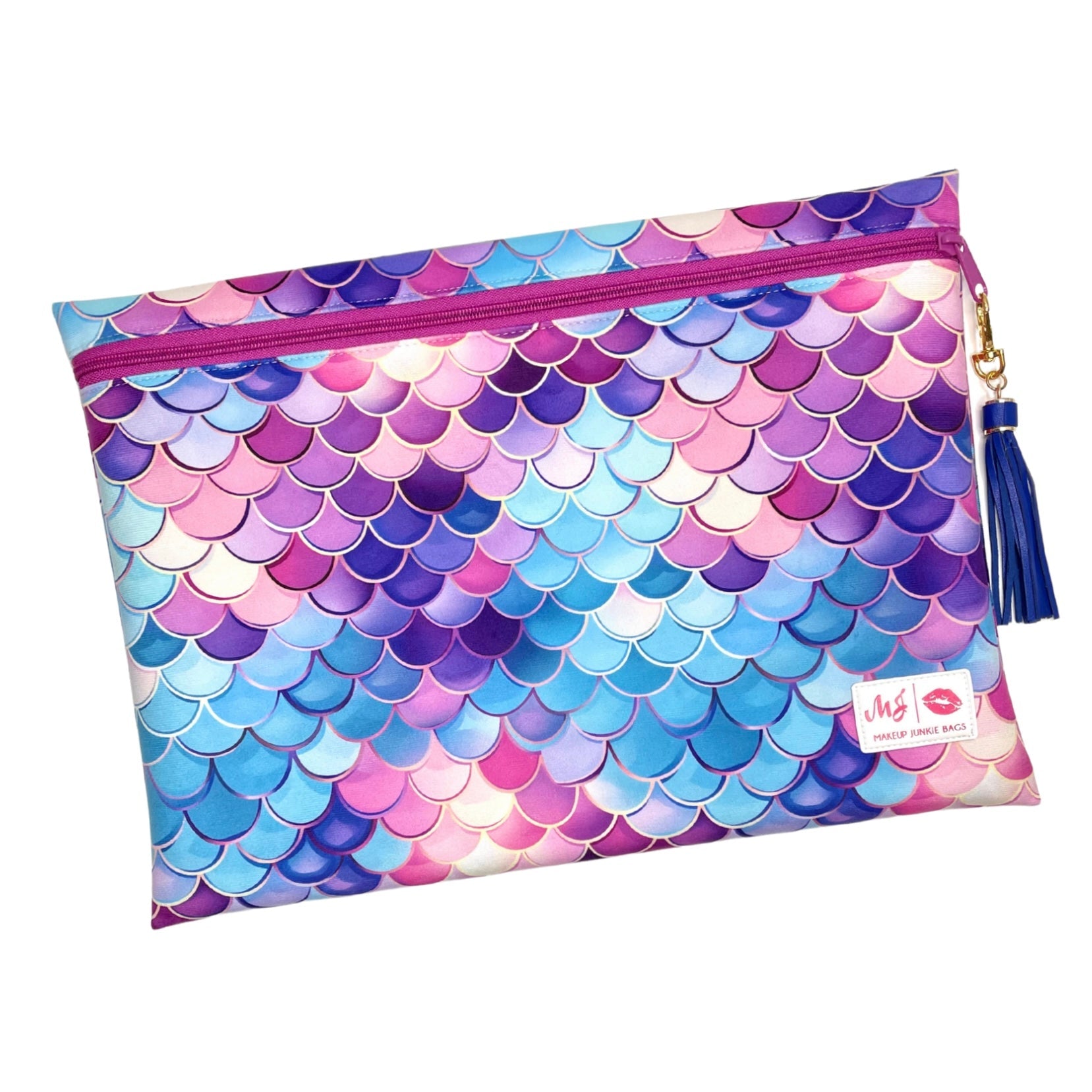 Multicolored mermaid scale pattern pouch with a tassel on a white background