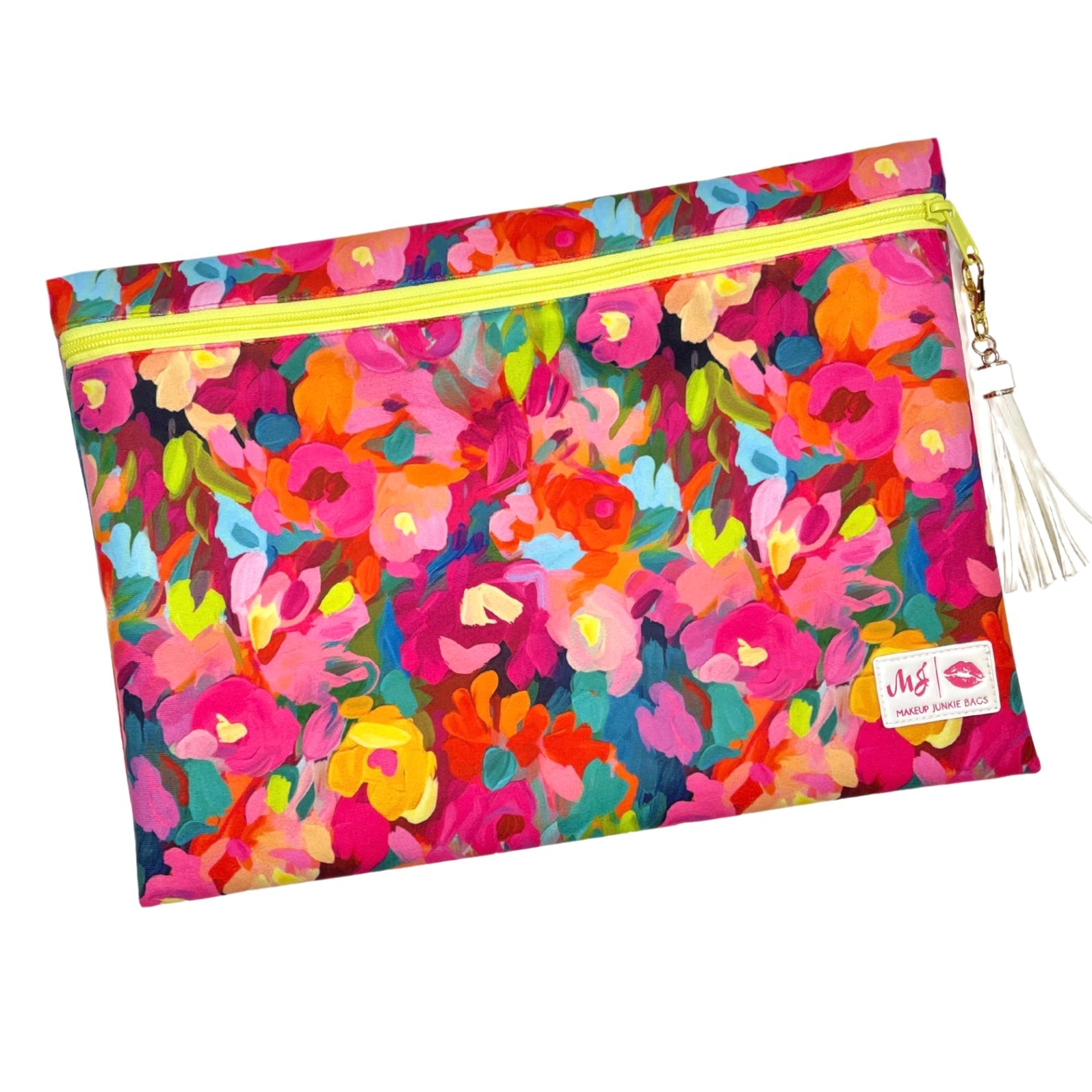 Colorful floral pouch with a yellow zipper and tassel on a white background