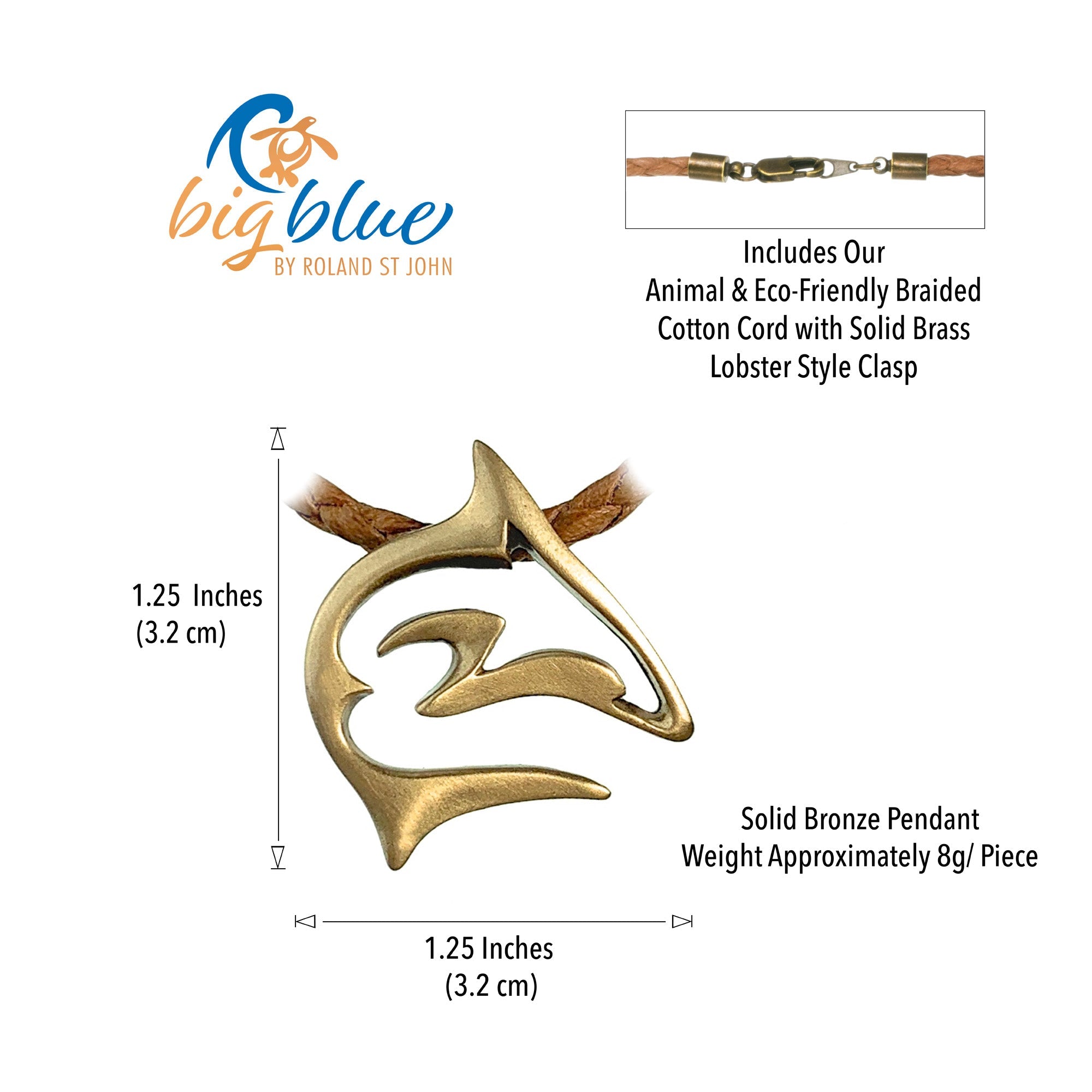 Solid bronze pendant with measurements and product details on a white background