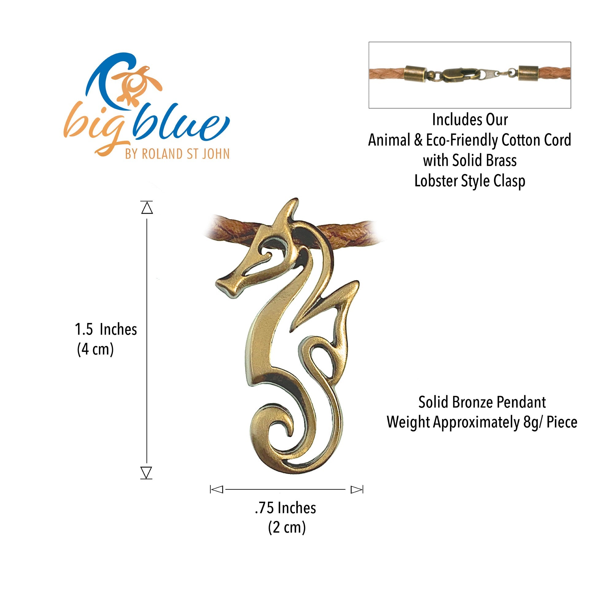 Solid bronze seahorse pendant with measurement details on a white background