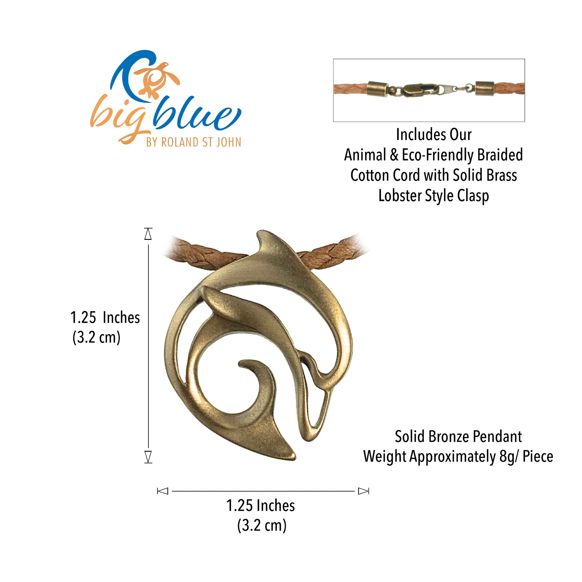 Solid bronze pendant with measurement details and 'big blue' branding.