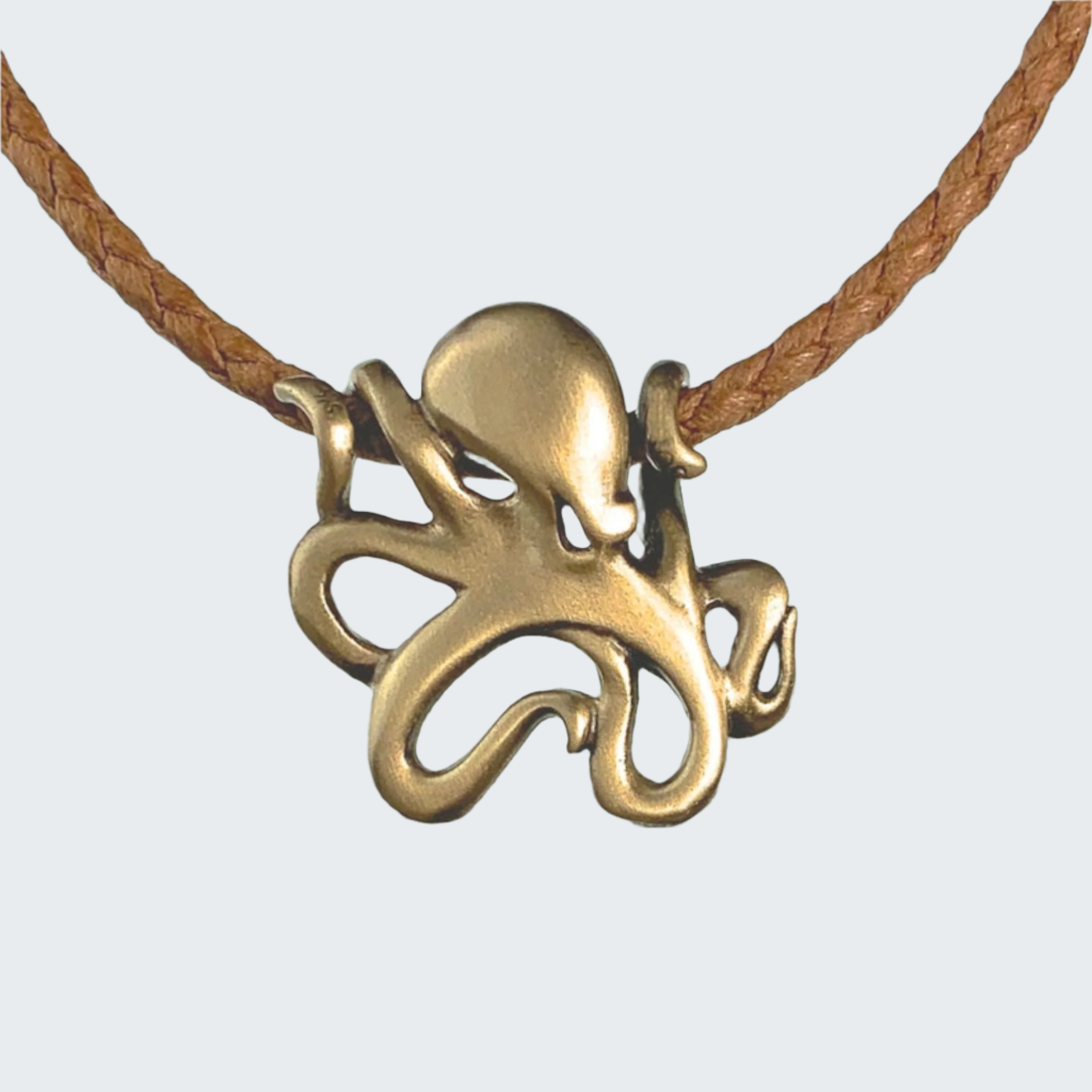 Bronze octopus pendant on a leather cord with a beach background