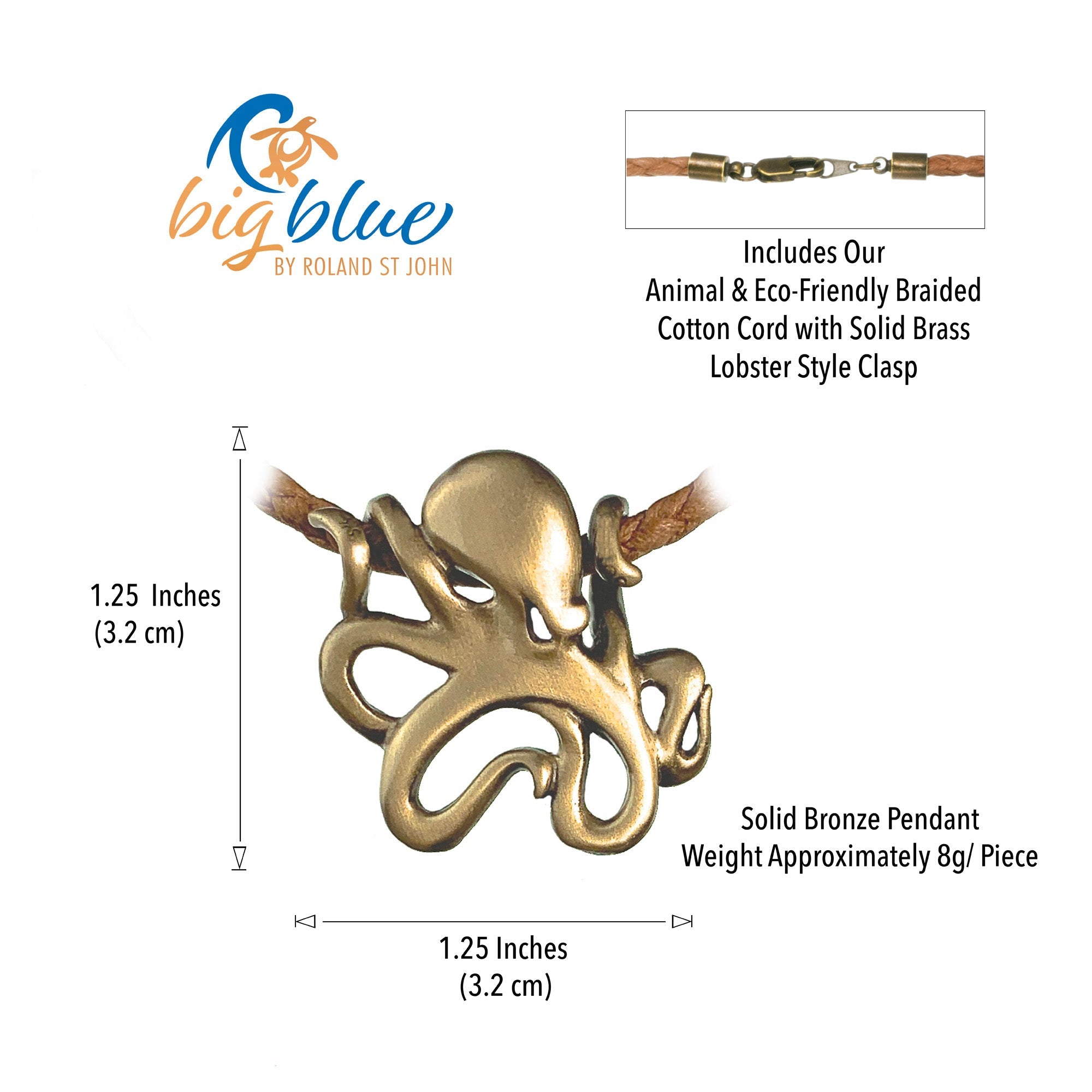 Solid bronze octopus pendant with measurement details on a white background, featuring the 'big blue by Roland St. John' brand.