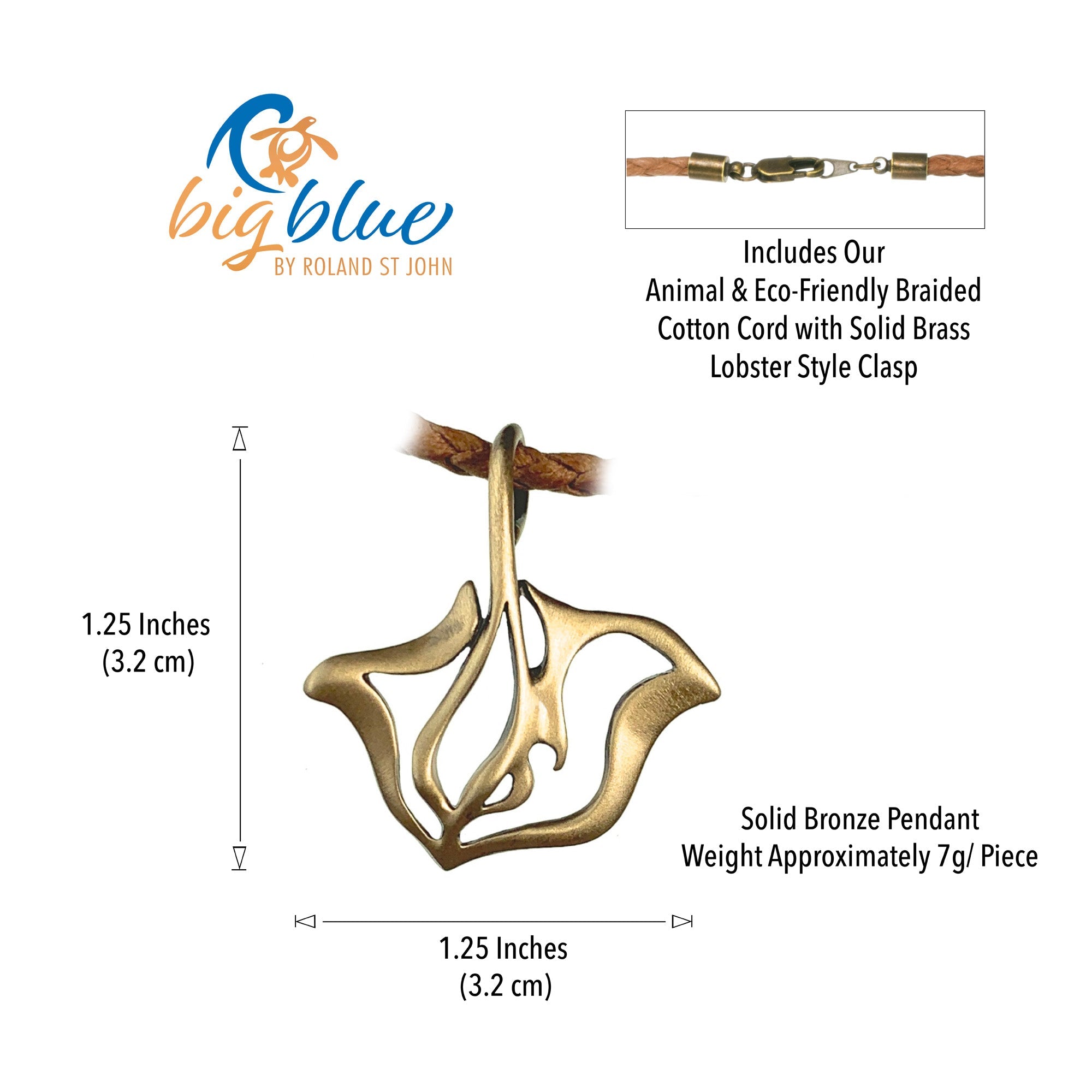 Solid bronze pendant with measurements and product details on a white background