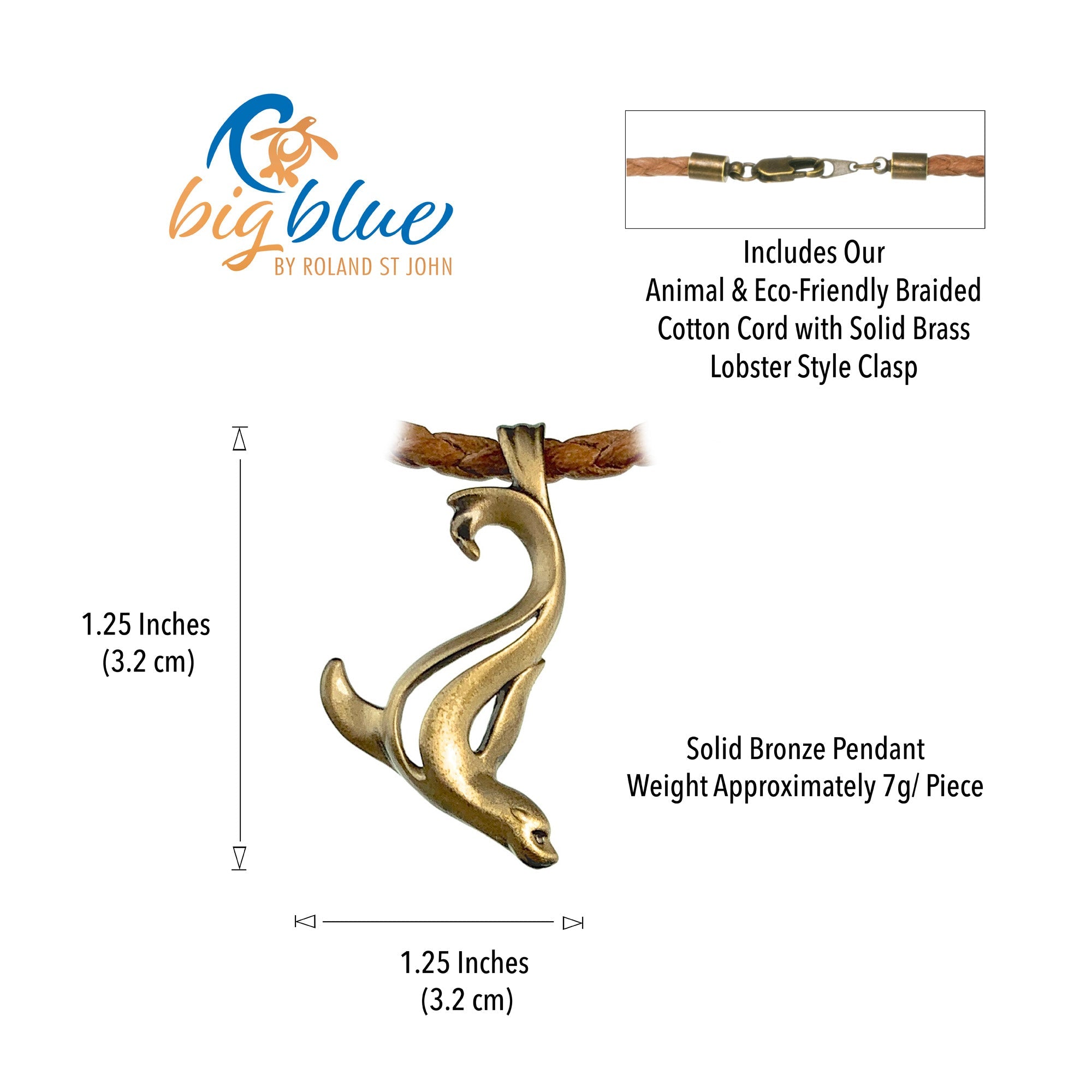 Solid bronze pendant with measurements and product details on a white background
