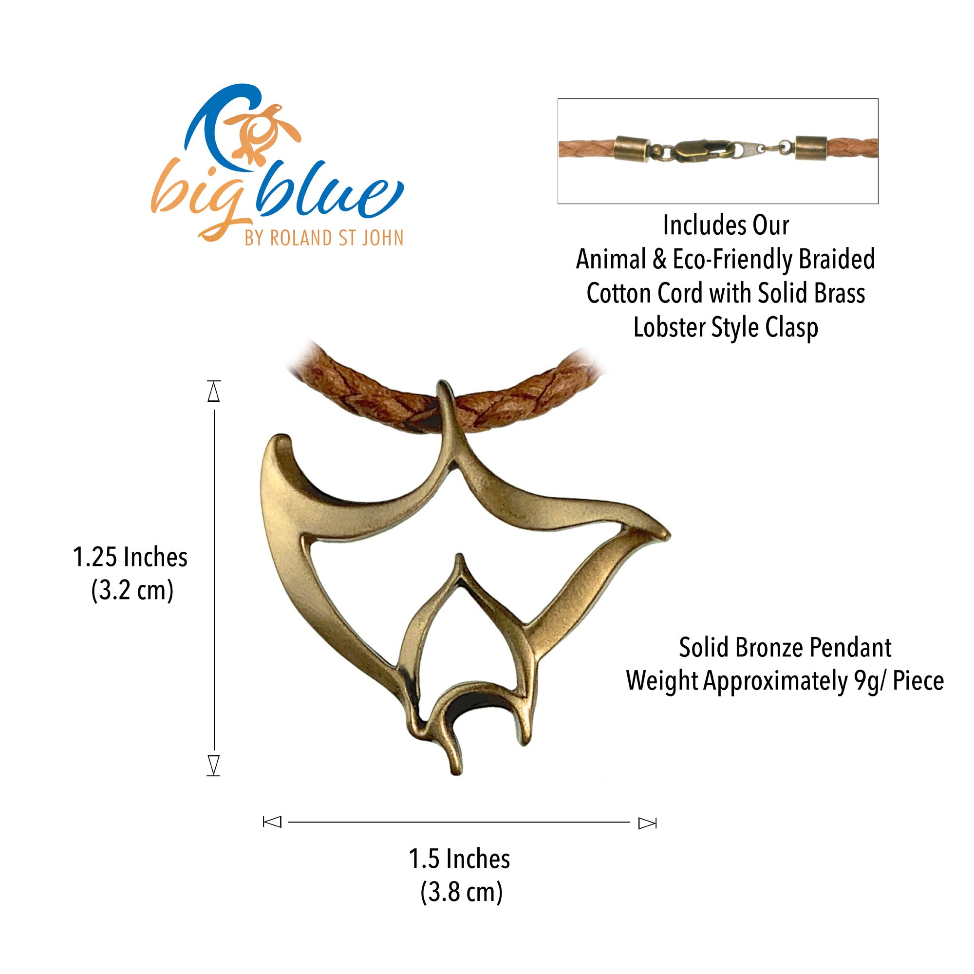 Solid bronze pendant with measurements and product details on a white background