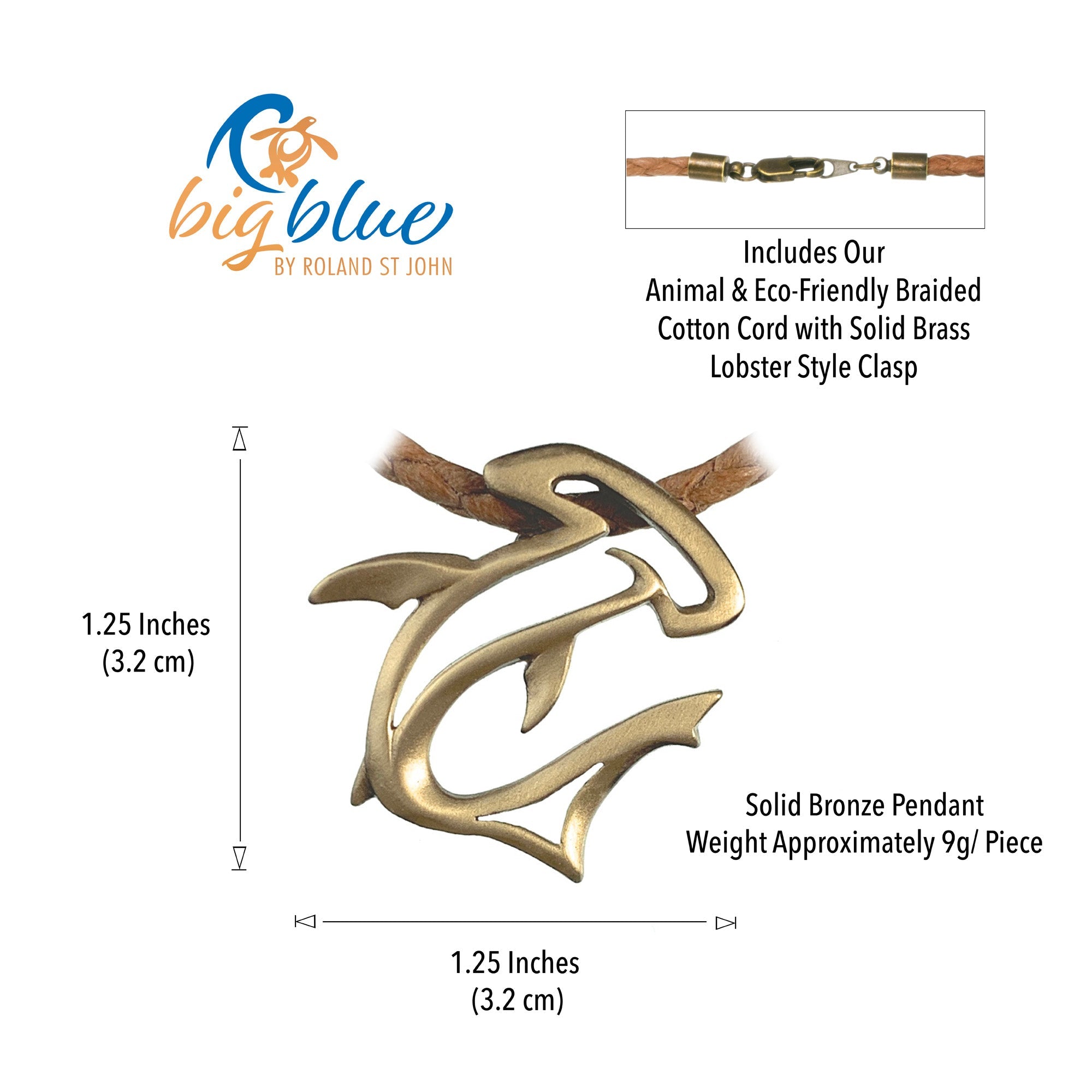 Solid bronze pendant with measurement details and 'big blue' branding.