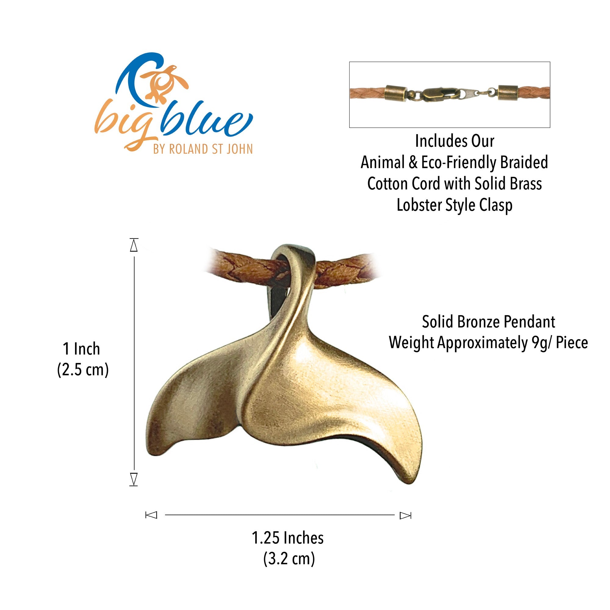 Solid bronze whale tail pendant with measurement details on a white background