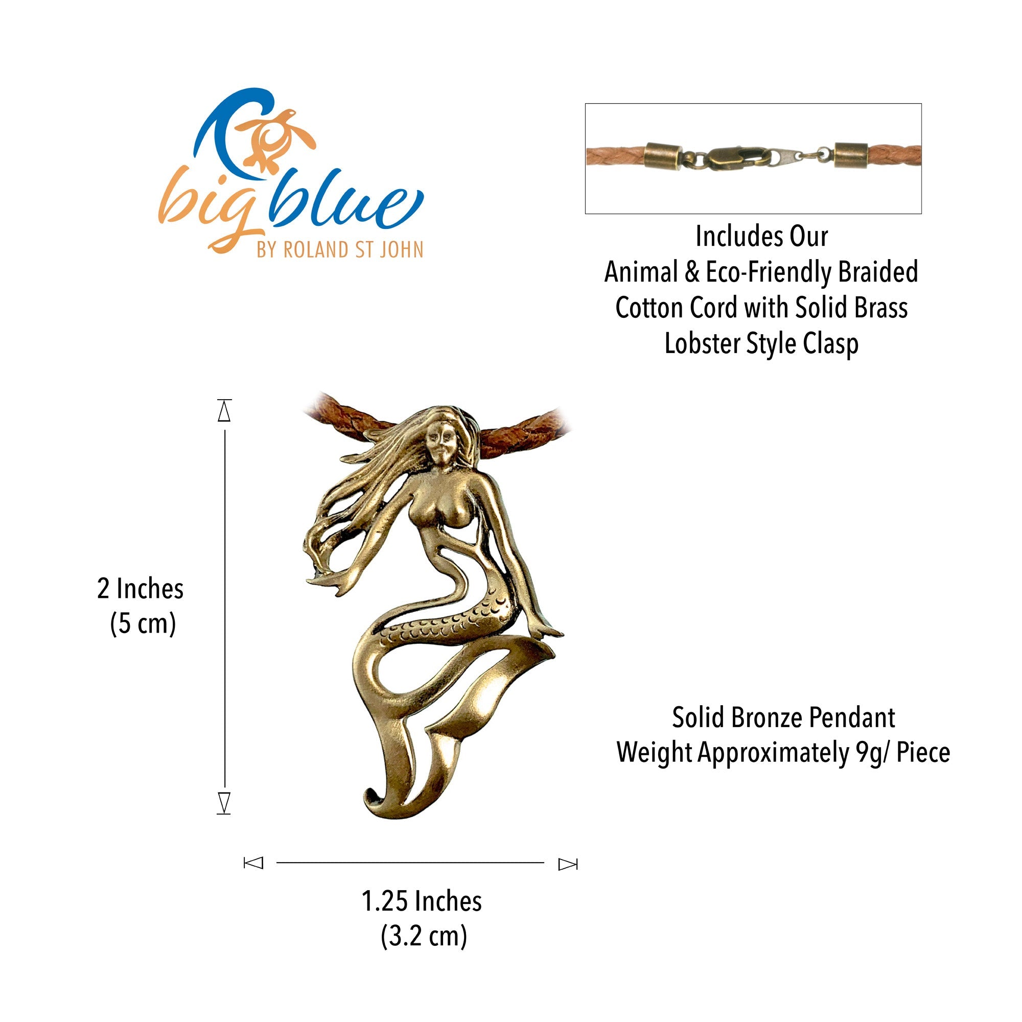 Solid bronze mermaid pendant with measurements and product details on a white background