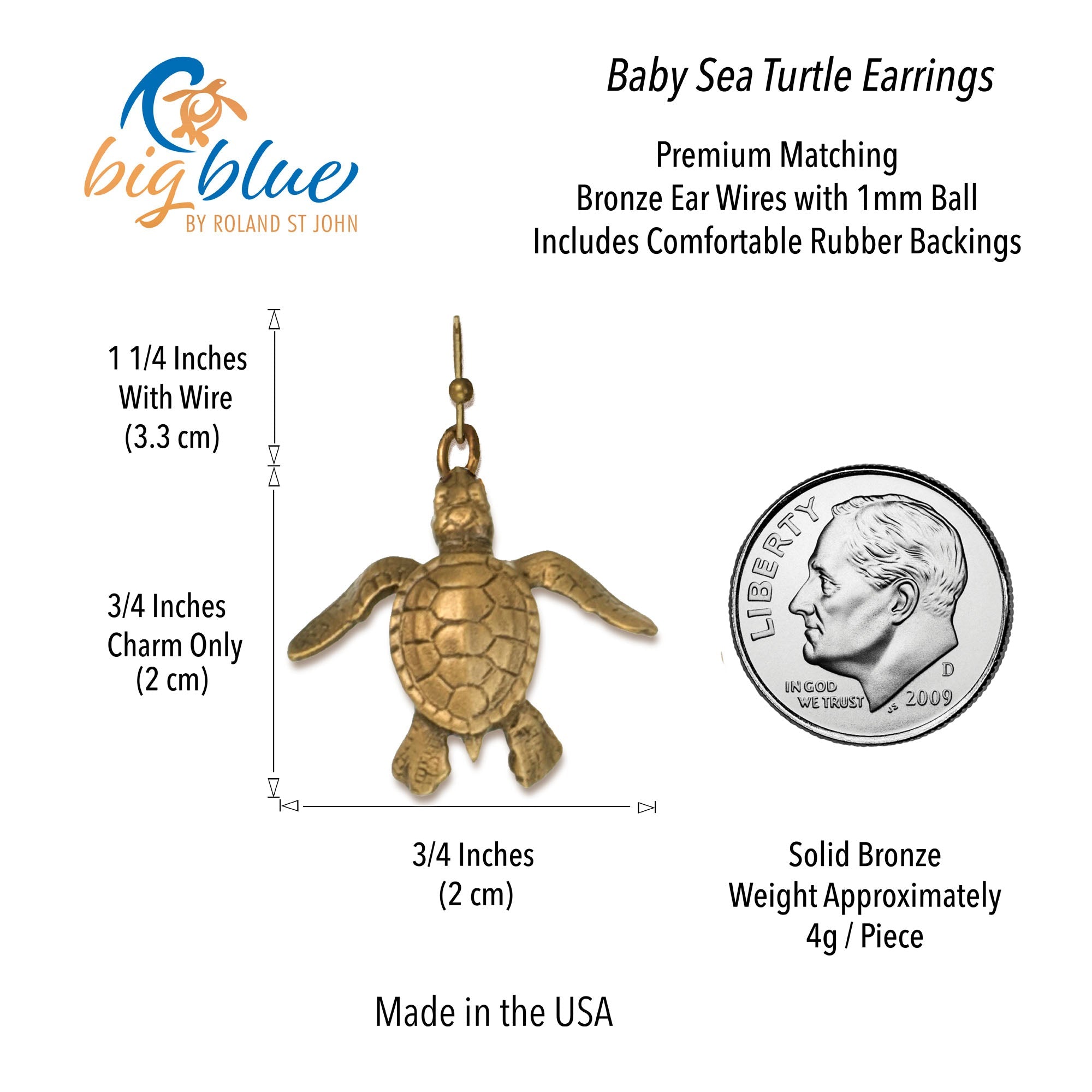Bronze Baby Sea Turtle Drop Earrings