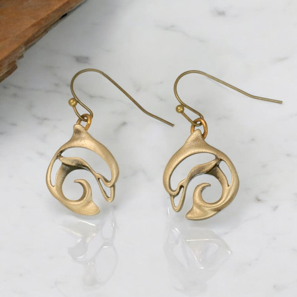 Bronze Dolphin Dangle Drop Earrings