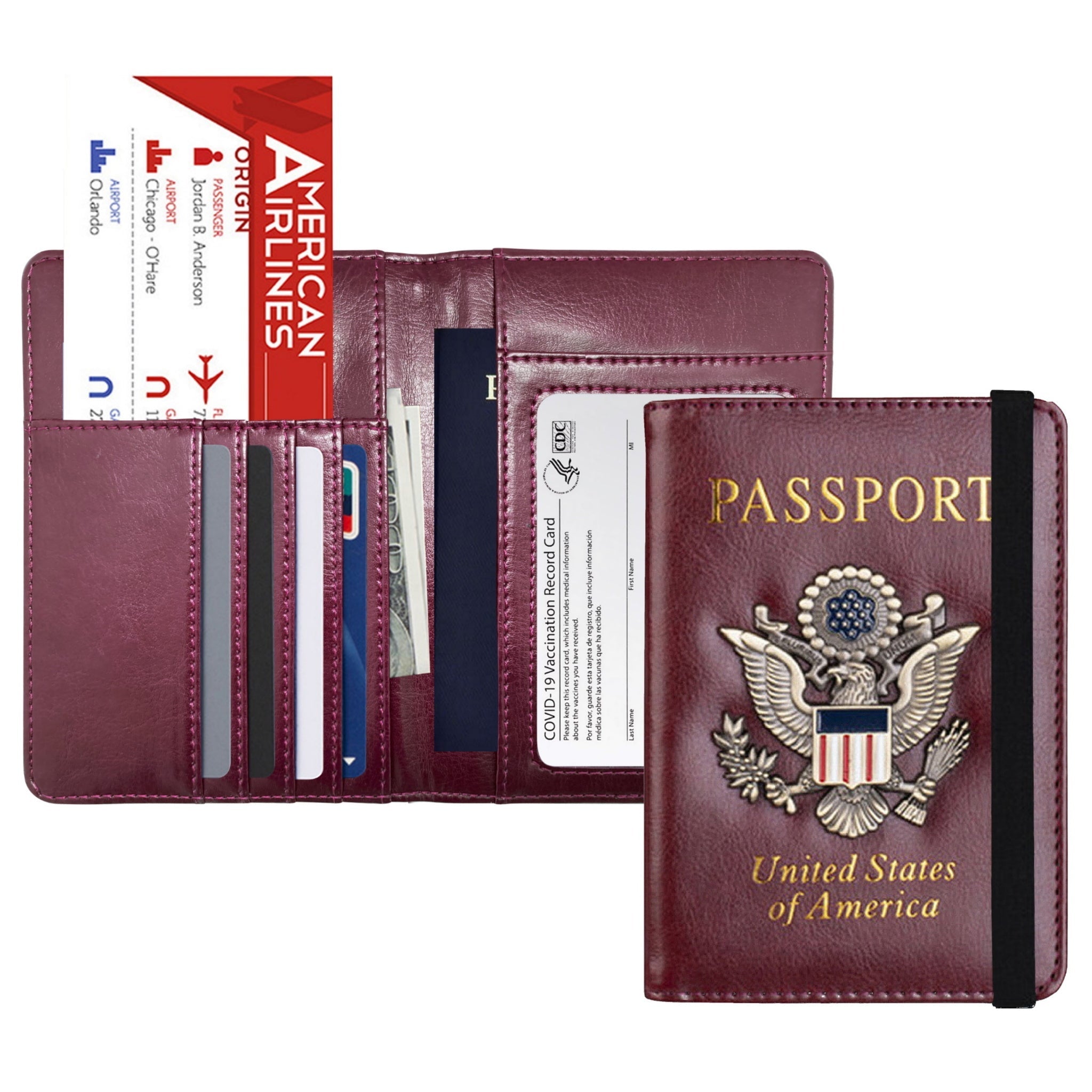 RFID Blocking Leather Passport Wallet With Vaccination Card Slot