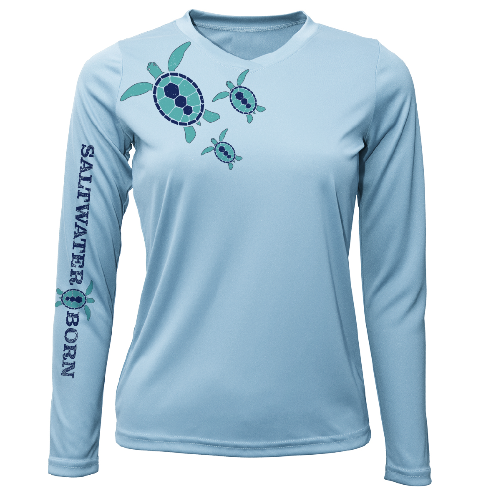 Light blue long-sleeve shirt with turtle designs and 'Saltwater Born' text on a white background