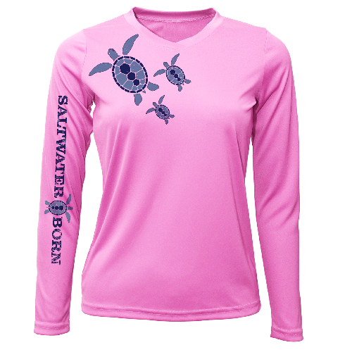 Pink long-sleeve shirt with blue turtle design and 'Saltwater Born' text on a white background