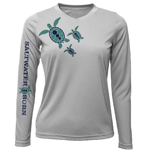 Gray long-sleeve shirt with turtle design and 'Saltwater Born' text on a white background