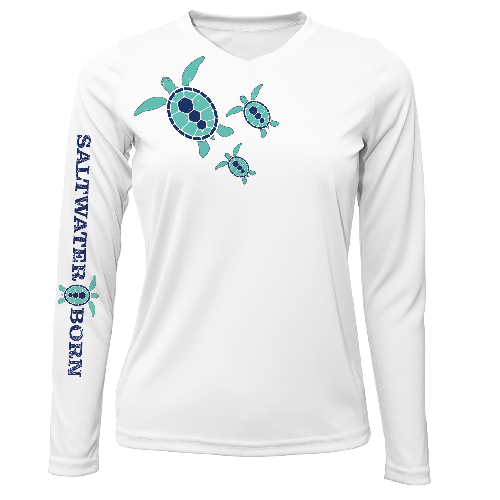 White long-sleeve shirt with turtle design and 'Saltwater Born' text on a white background