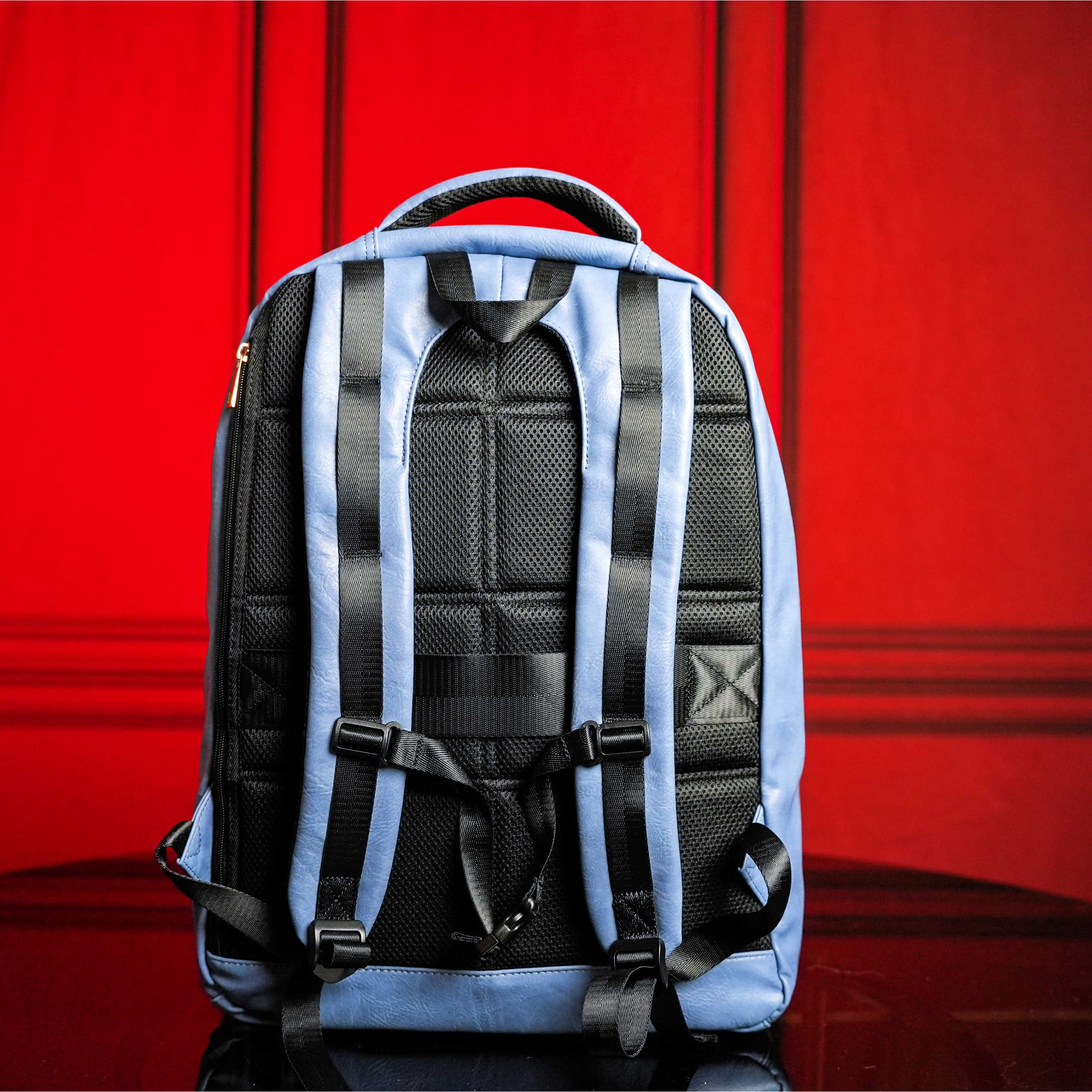 Backpack with blue straps on a red background