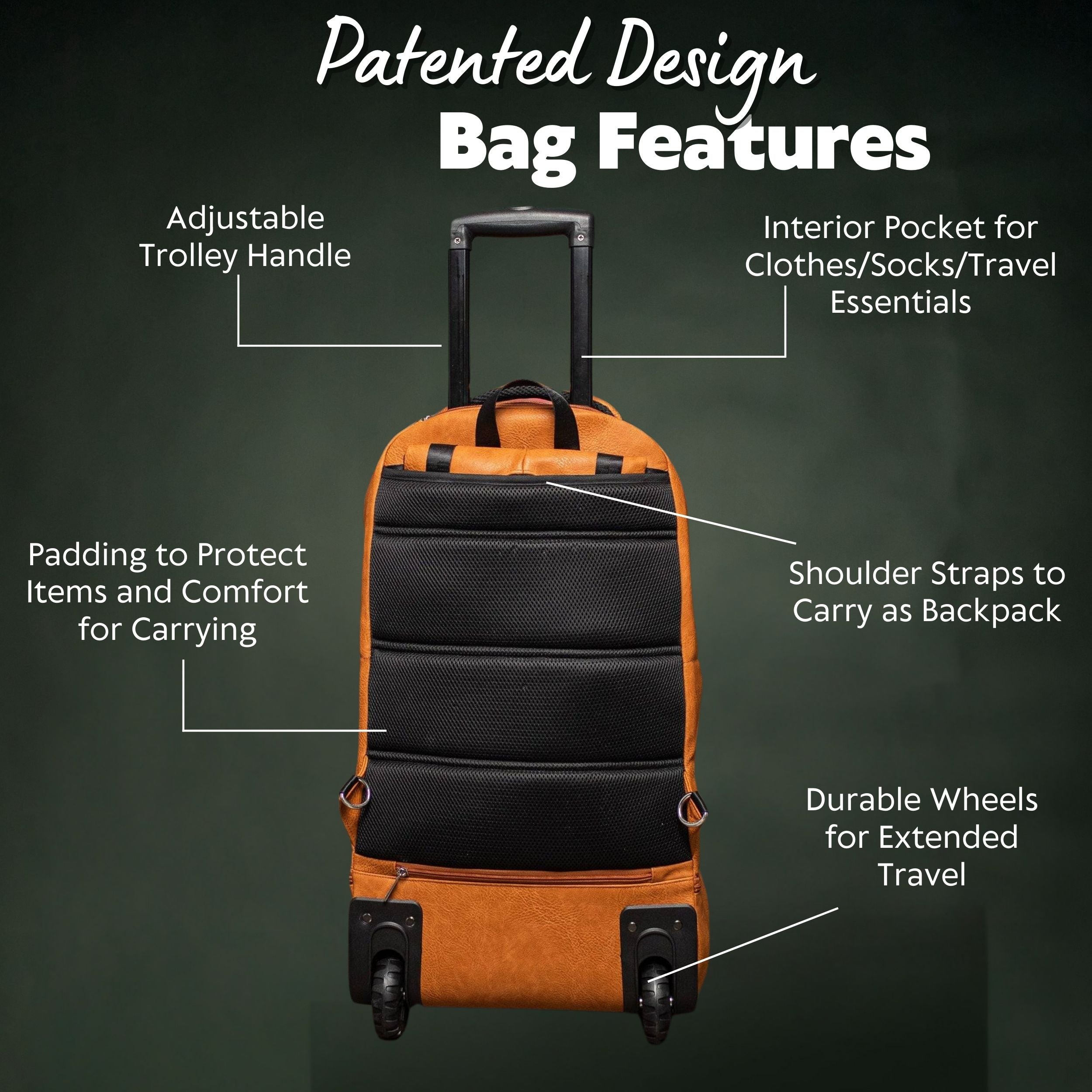Orange and black suitcase with labeled features on a dark background
