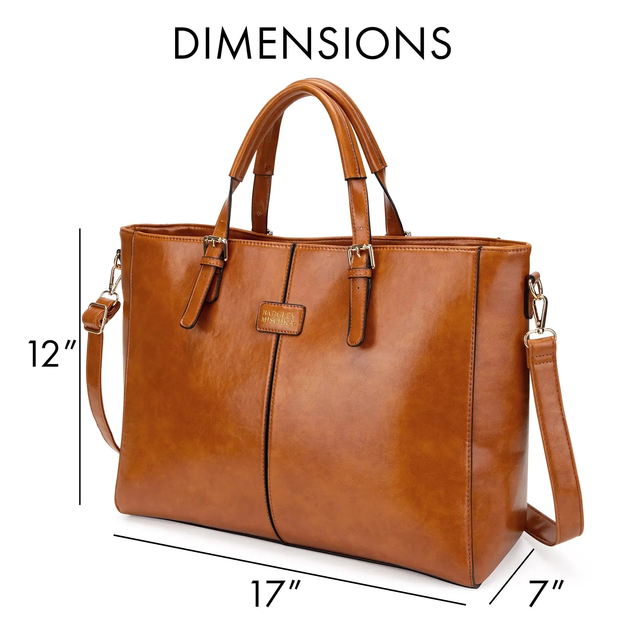 Brown leather tote bag with dimensions labeled on a white background