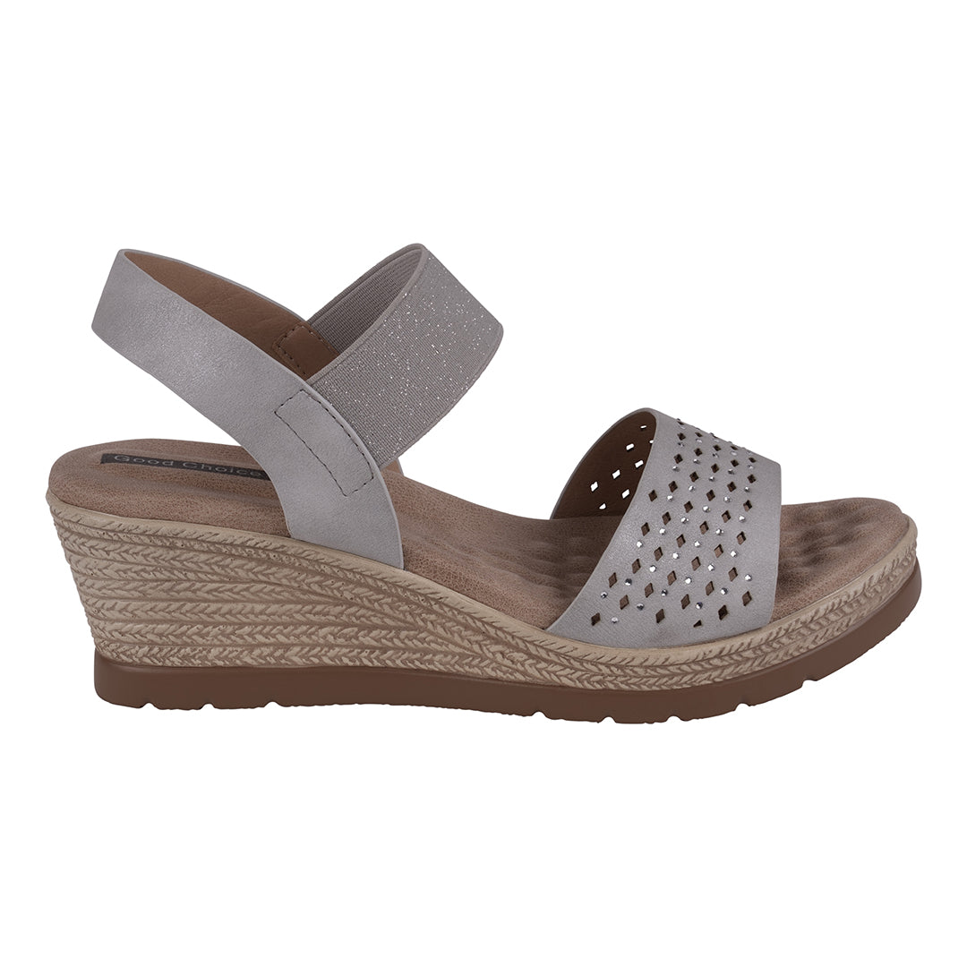 GC Shoes Bane Silver Embellished Elastic Double Band Wedge Sandals