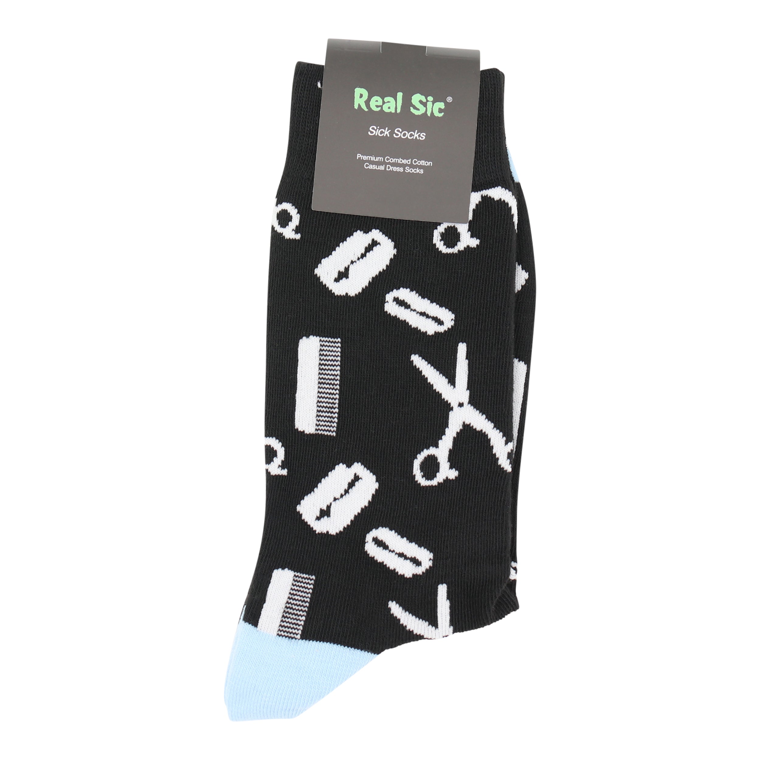 Black sock with white hair styling tools pattern and 'Real Sic' label on a white background