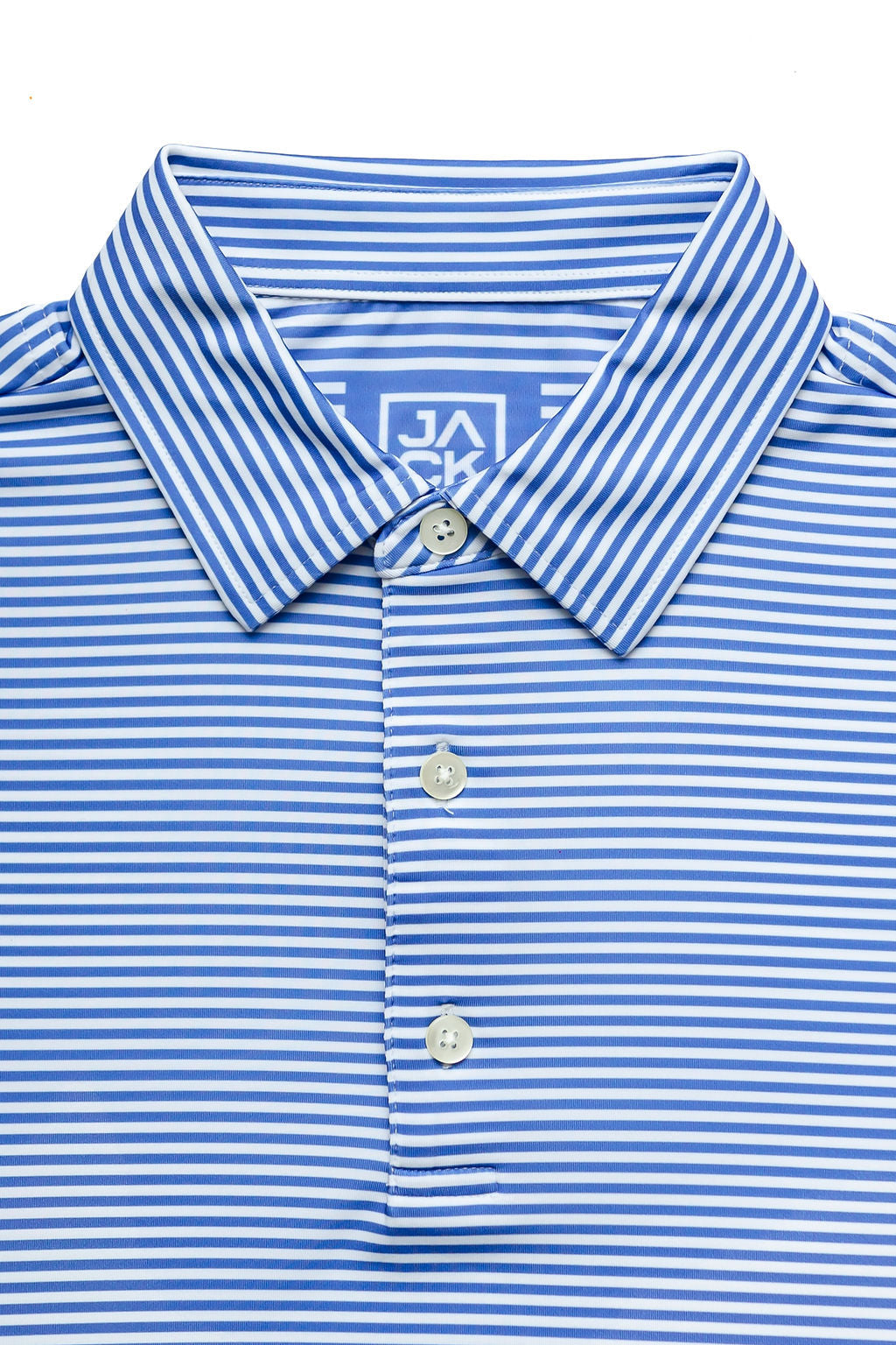 Blue and white striped polo shirt with a brand logo on a white background