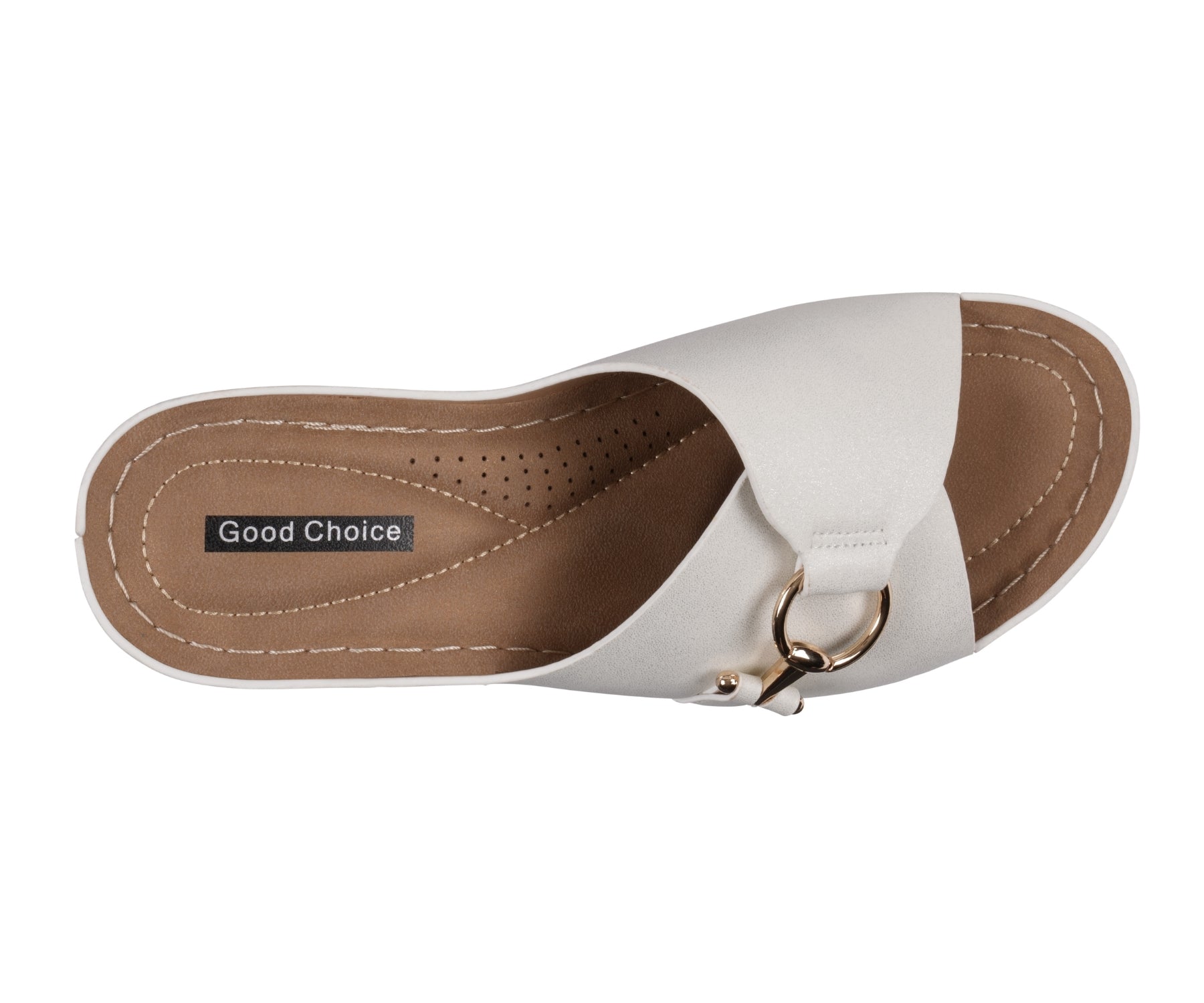 White sandal with brown sole on a white background