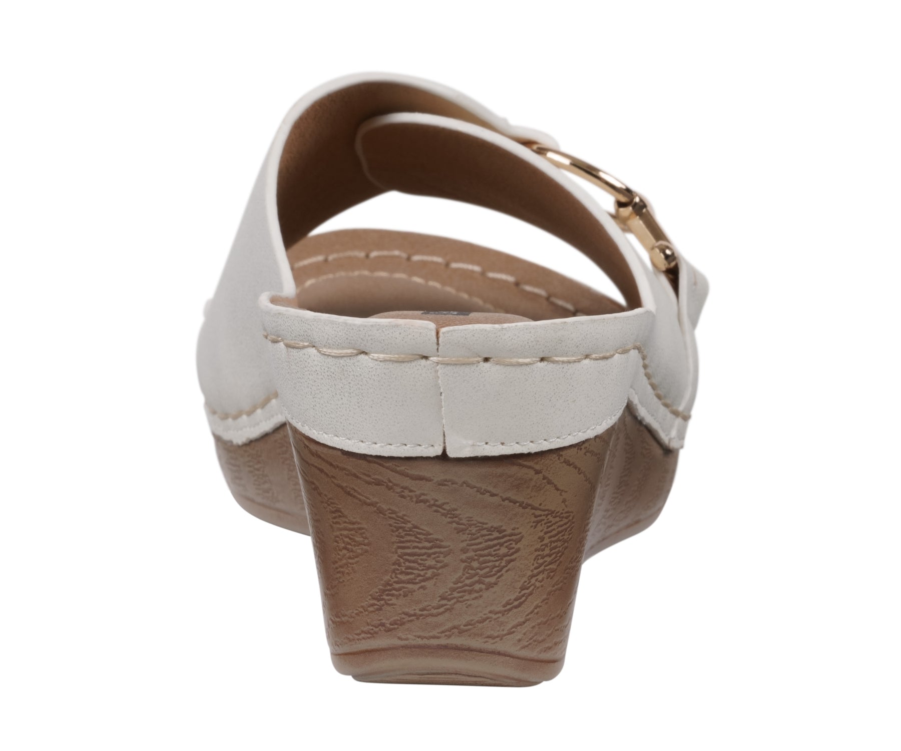 White wedge sandal with a wooden sole on a white background