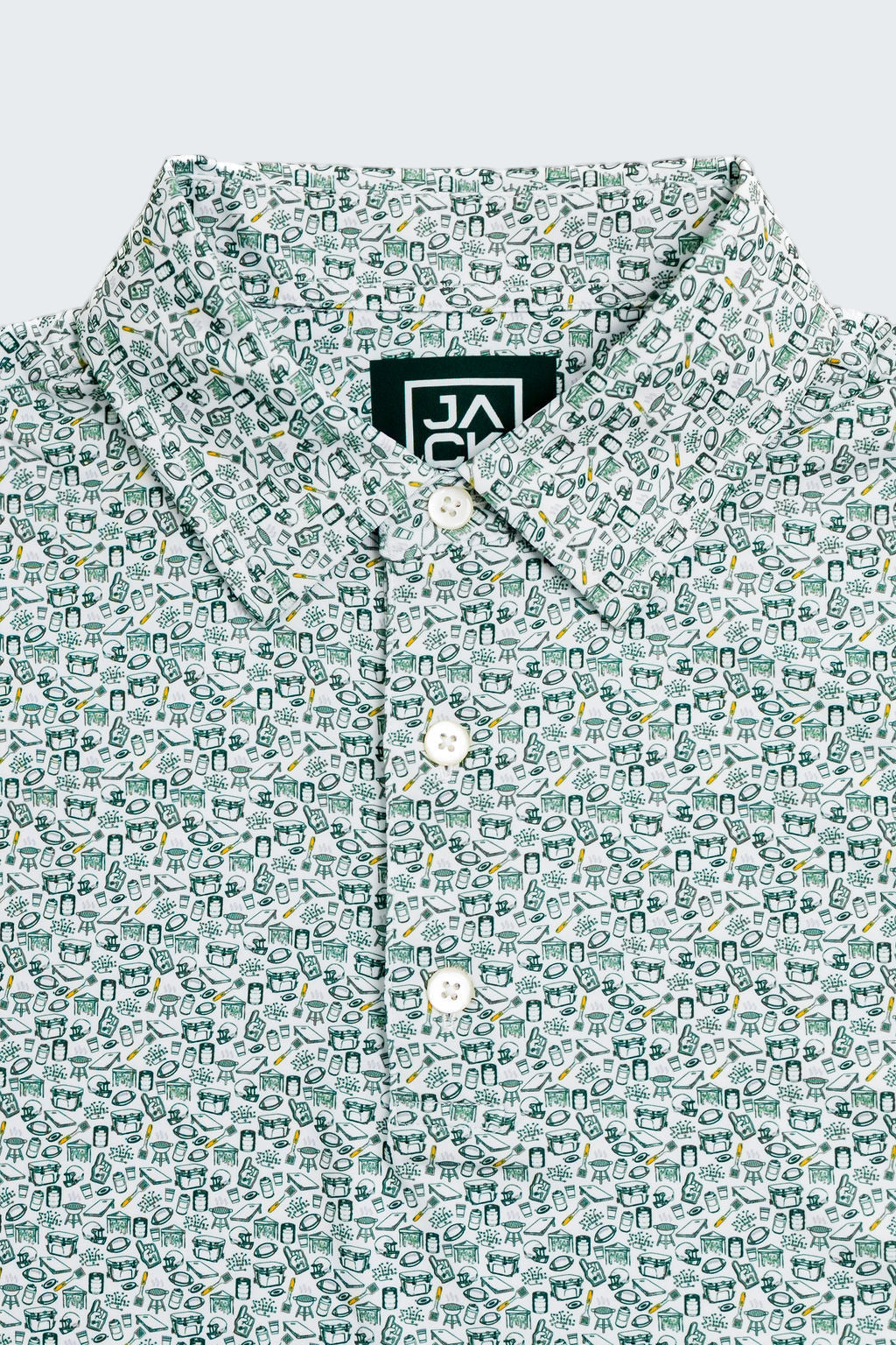 Green patterned shirt with a brand logo on a white background