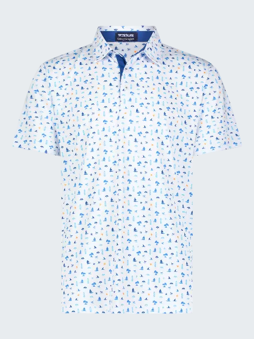 Short-sleeve shirt with blue floral pattern on a white background