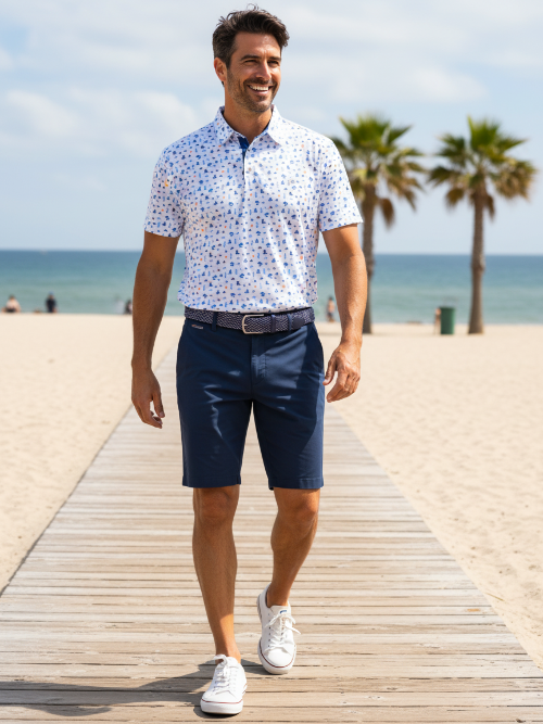 Man walking on a wooden boardwalk by the beach wearing a patterned shirt and navy shorts.
