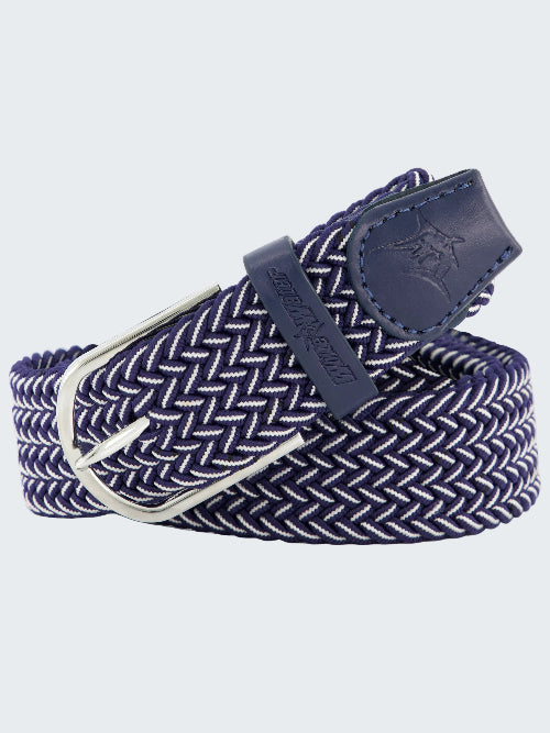 Navy and white braided belt with a blue buckle on a white background