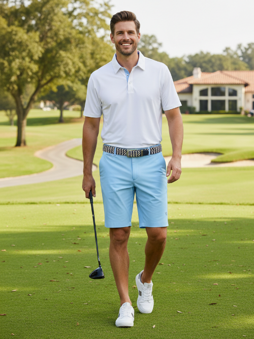 Man in golf attire walking on a golf course
