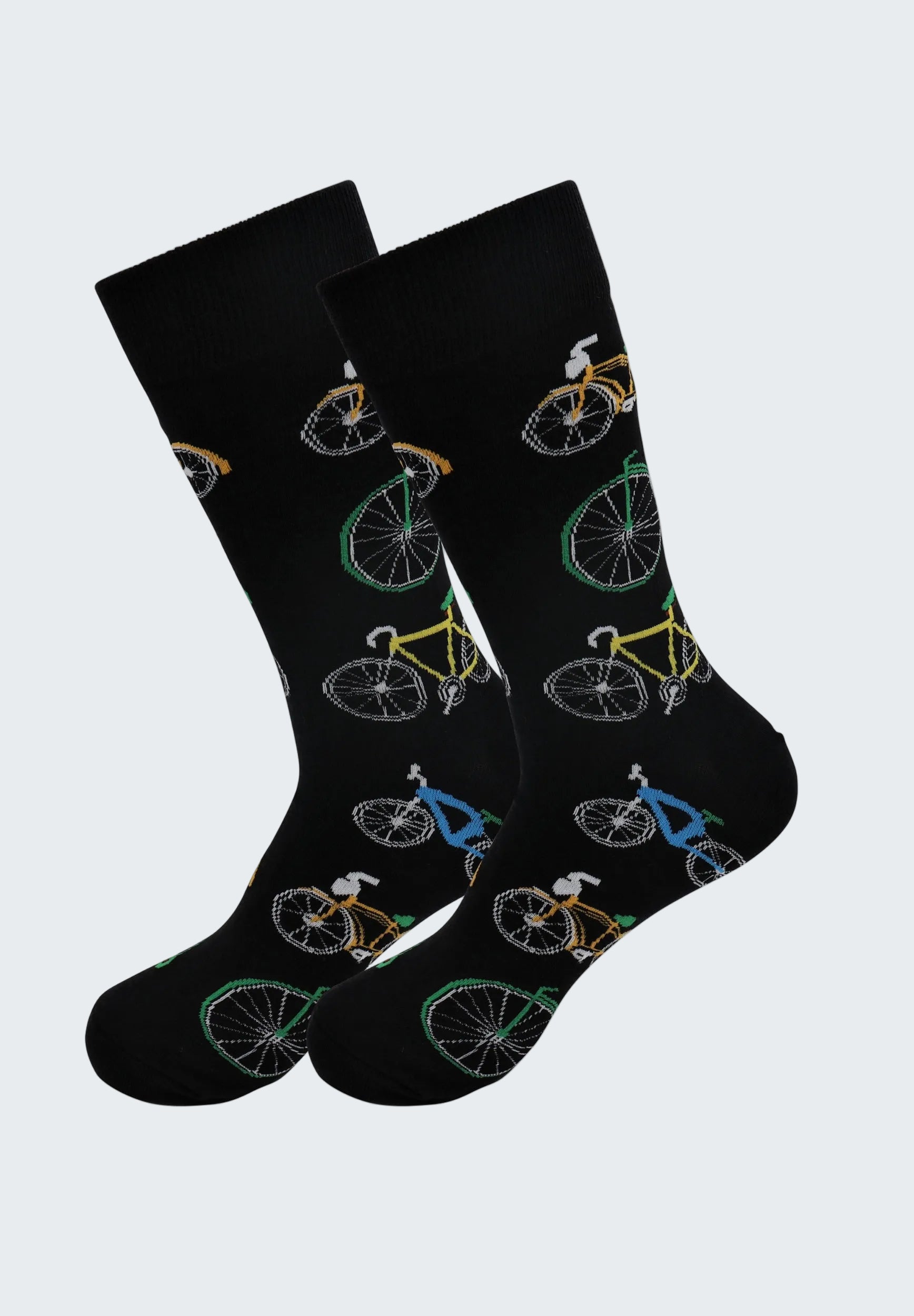 Black socks with bicycle pattern on a white background