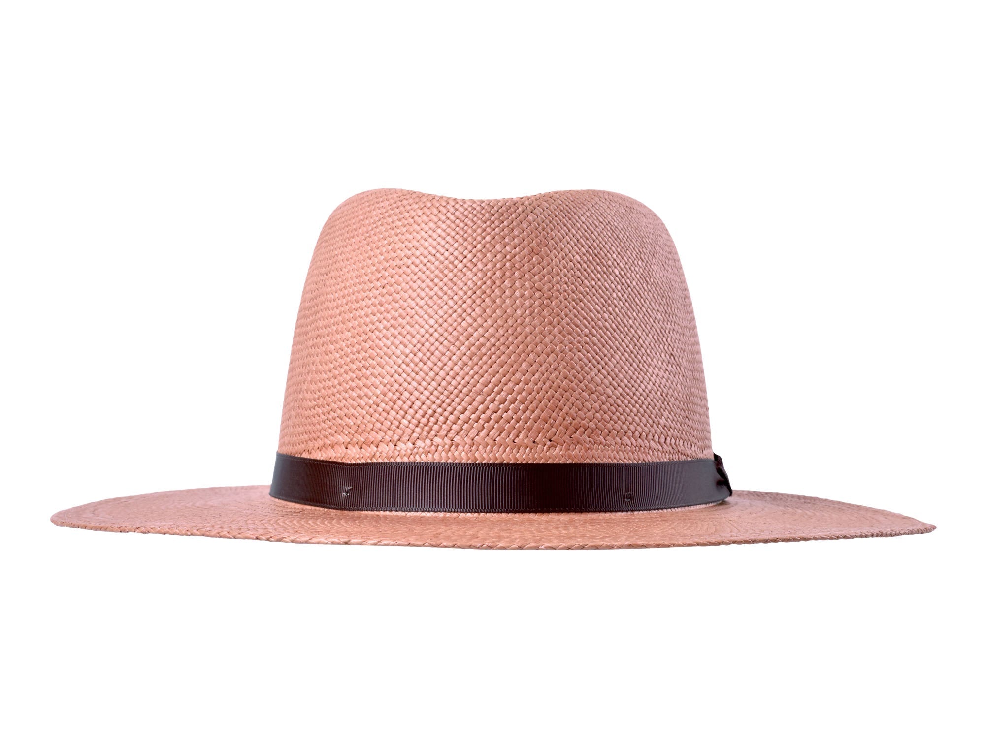 Pink straw hat with a black band on a white background