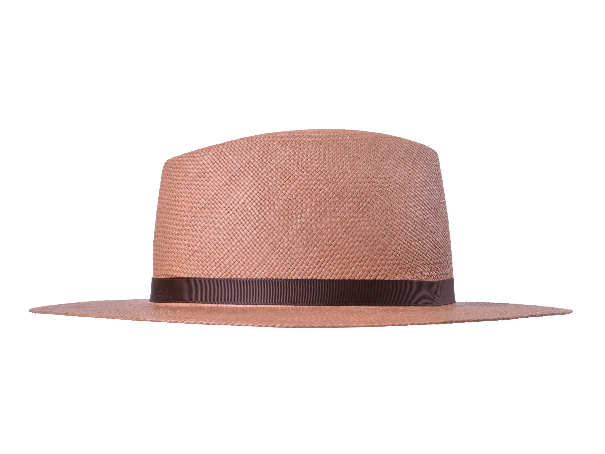 Brown straw hat with a wide brim and brown band on a white background