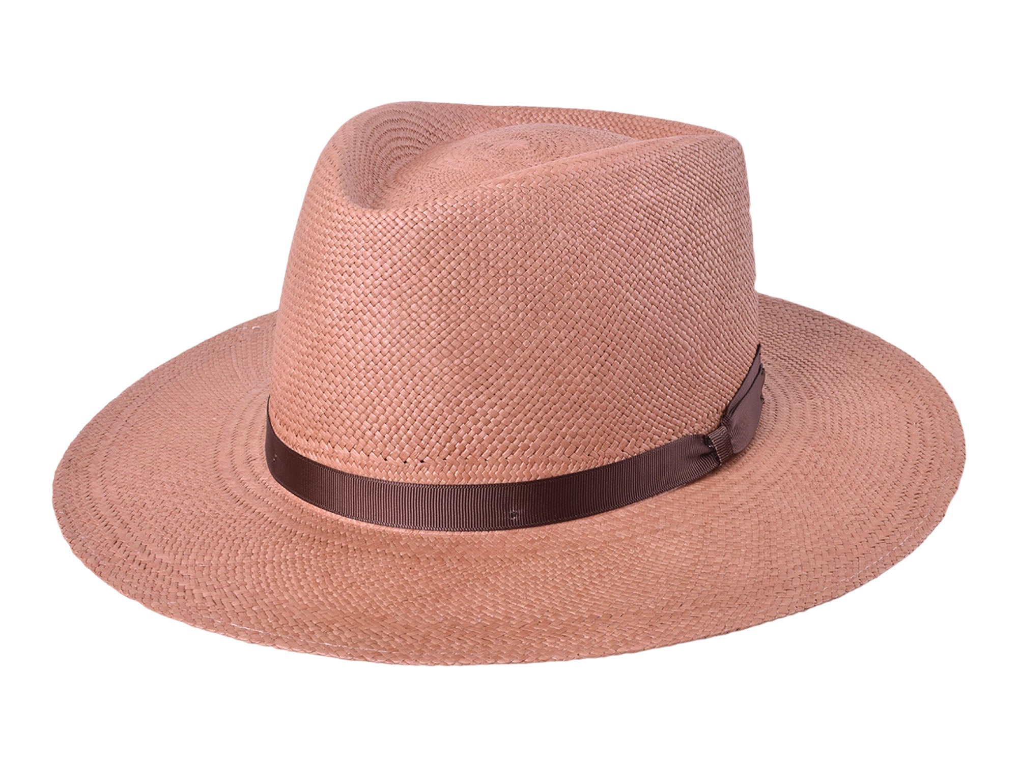 Pink straw hat with a brown band on a white background