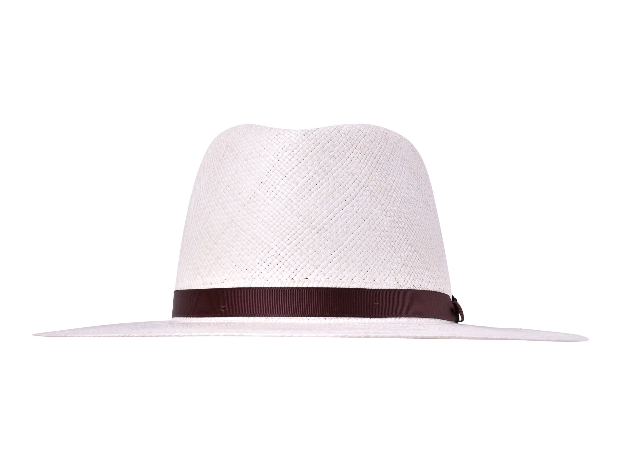 White straw hat with a brown band on a white background