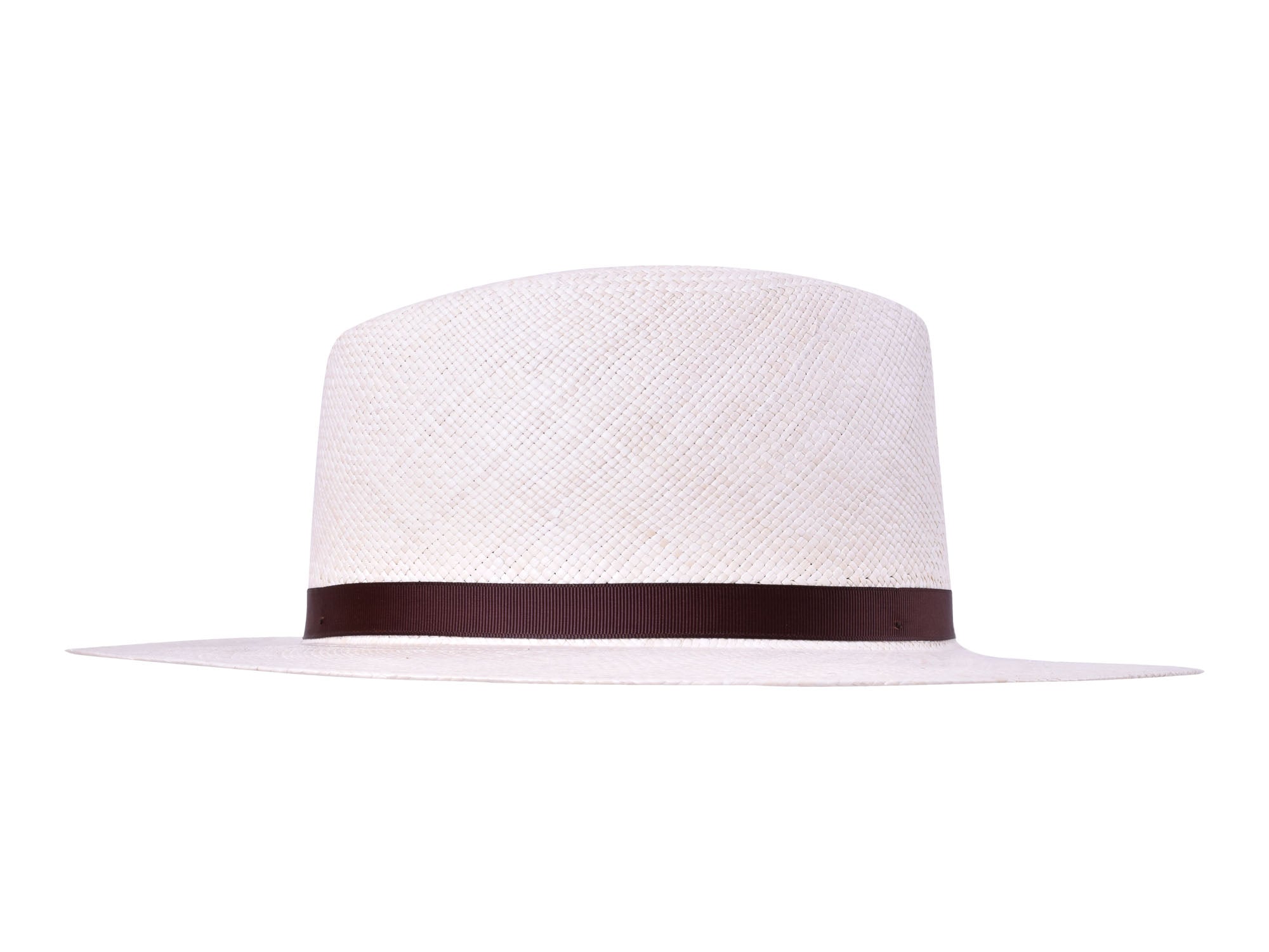 White straw hat with a brown band on a white background