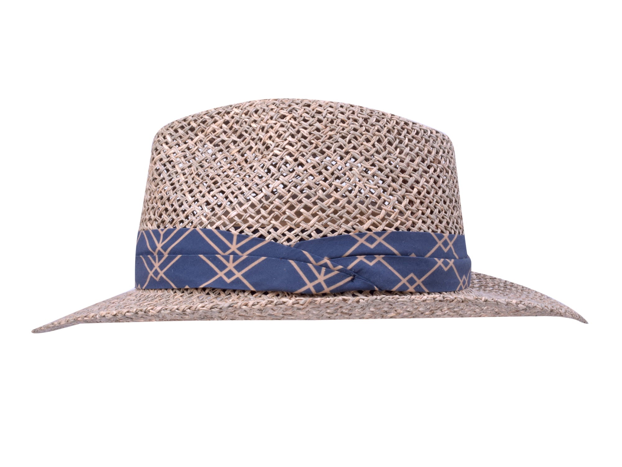 Straw hat with a blue band on a white background